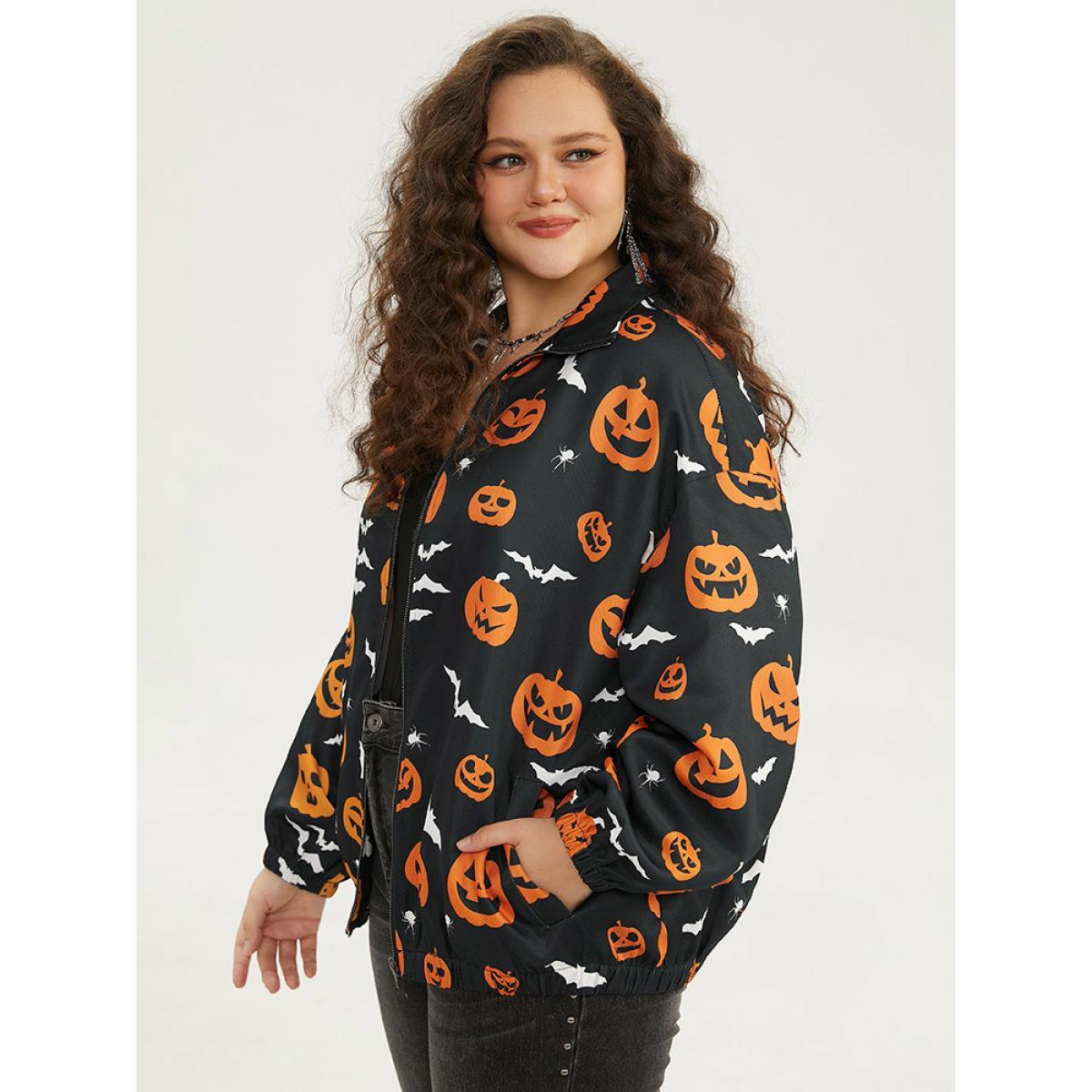 Plus Size Halloween Graphic Zipper Fly Pocket Coat Women Black Casual Elastic cuffs Ladies Dailywear Winter Coats BloomChic 22-24/3X Product Image