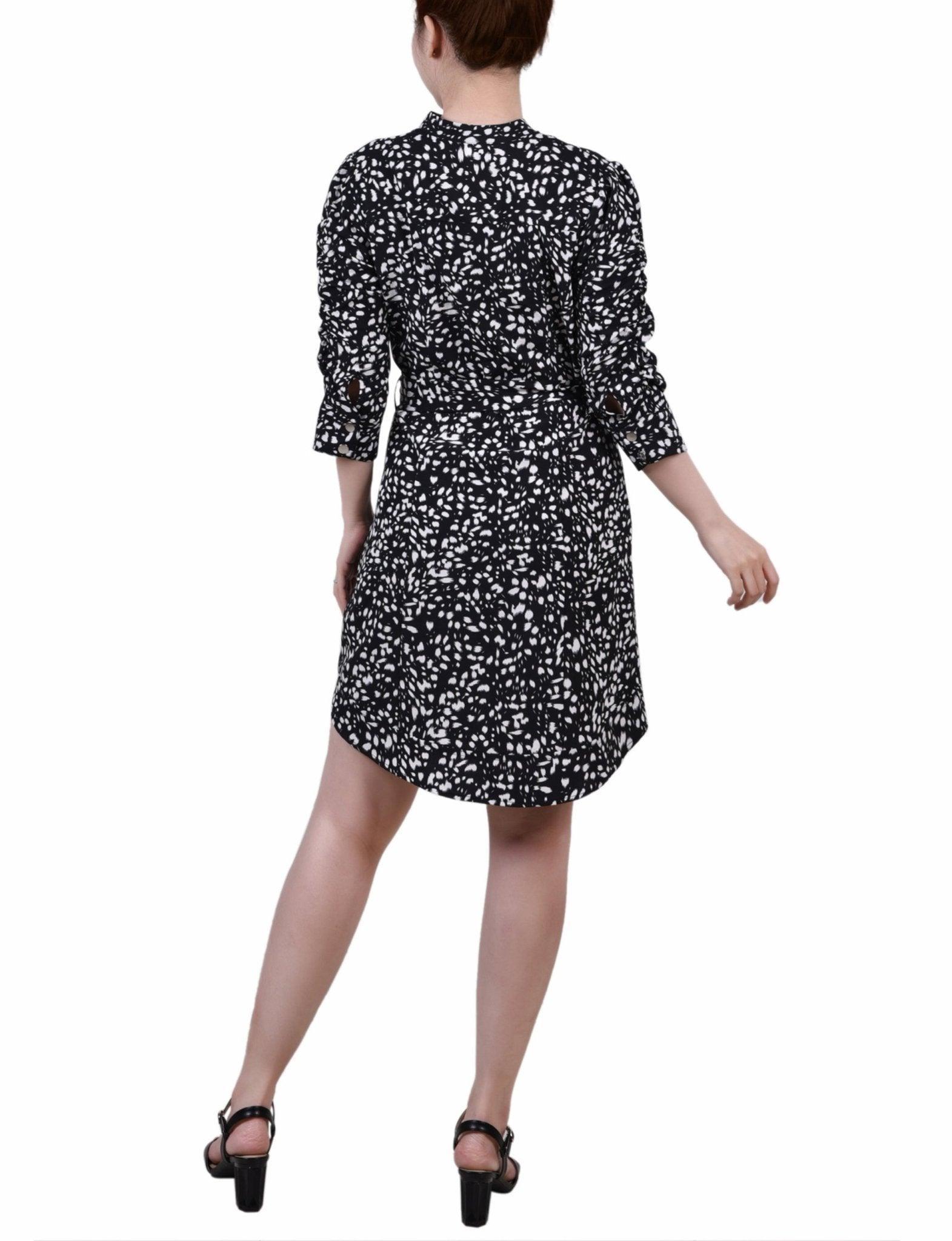 Ivory Flower 3/4 Rouched Sleeve Dress With Belt - Petite Product Image