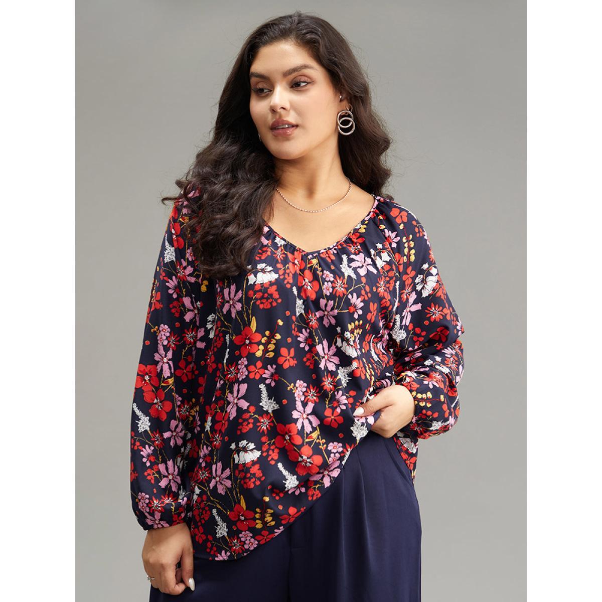 Plus Size Multicolor Floral Print Gathered Lantern Sleeve Blouse Women Elegant Long Sleeve V-neck Dailywear Blouses BloomChic 26/4X Product Image
