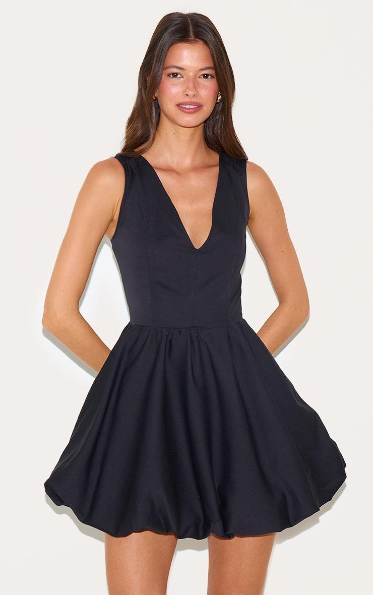 Black Tailored V Neck Puffball Mini Dress Product Image