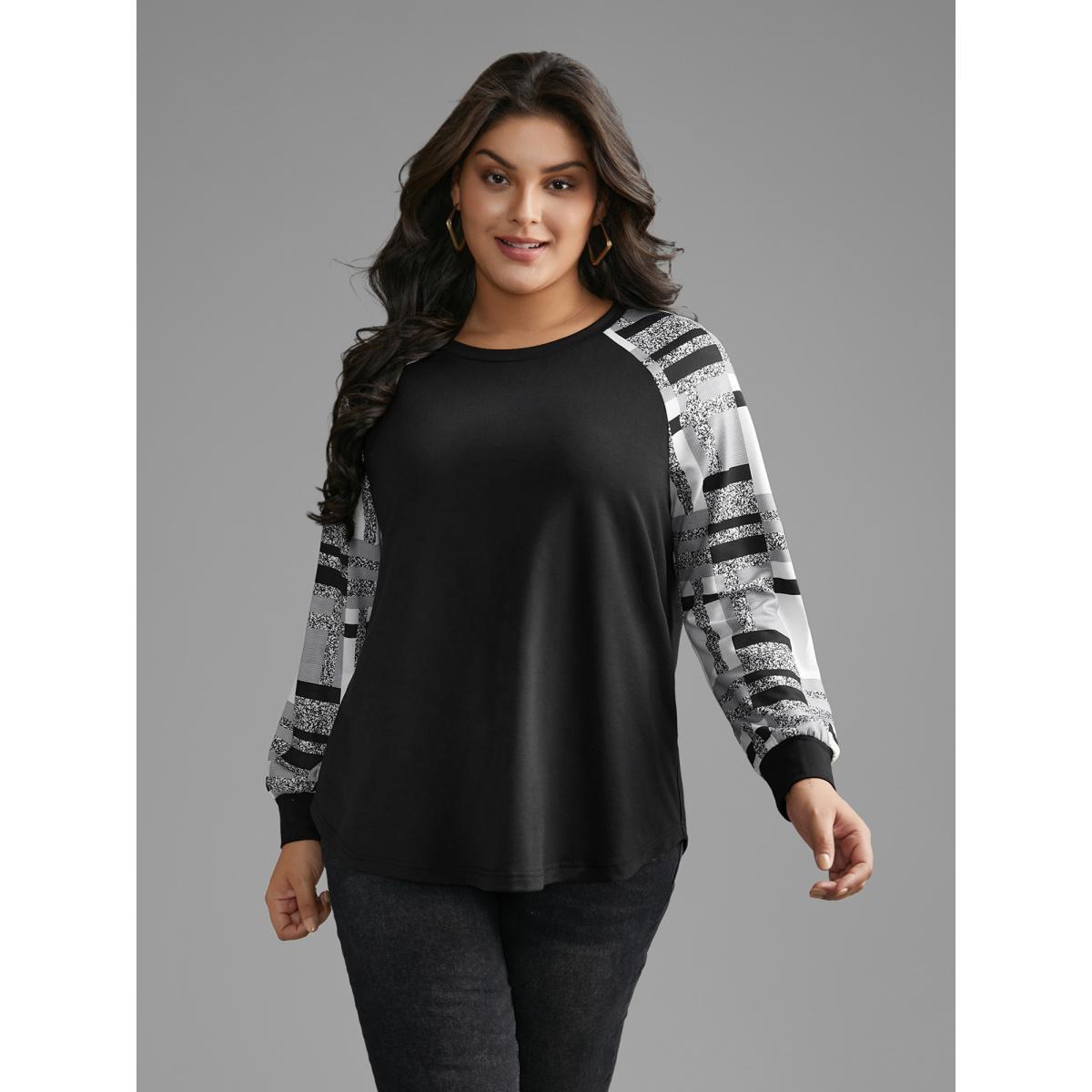 Plus Size Colorblock Contrast Raglan Sleeve Sweatshirt Women Black Casual Contrast Loose Round Neck Everyday Sweatshirts BloomChic 18-20/2X Product Image
