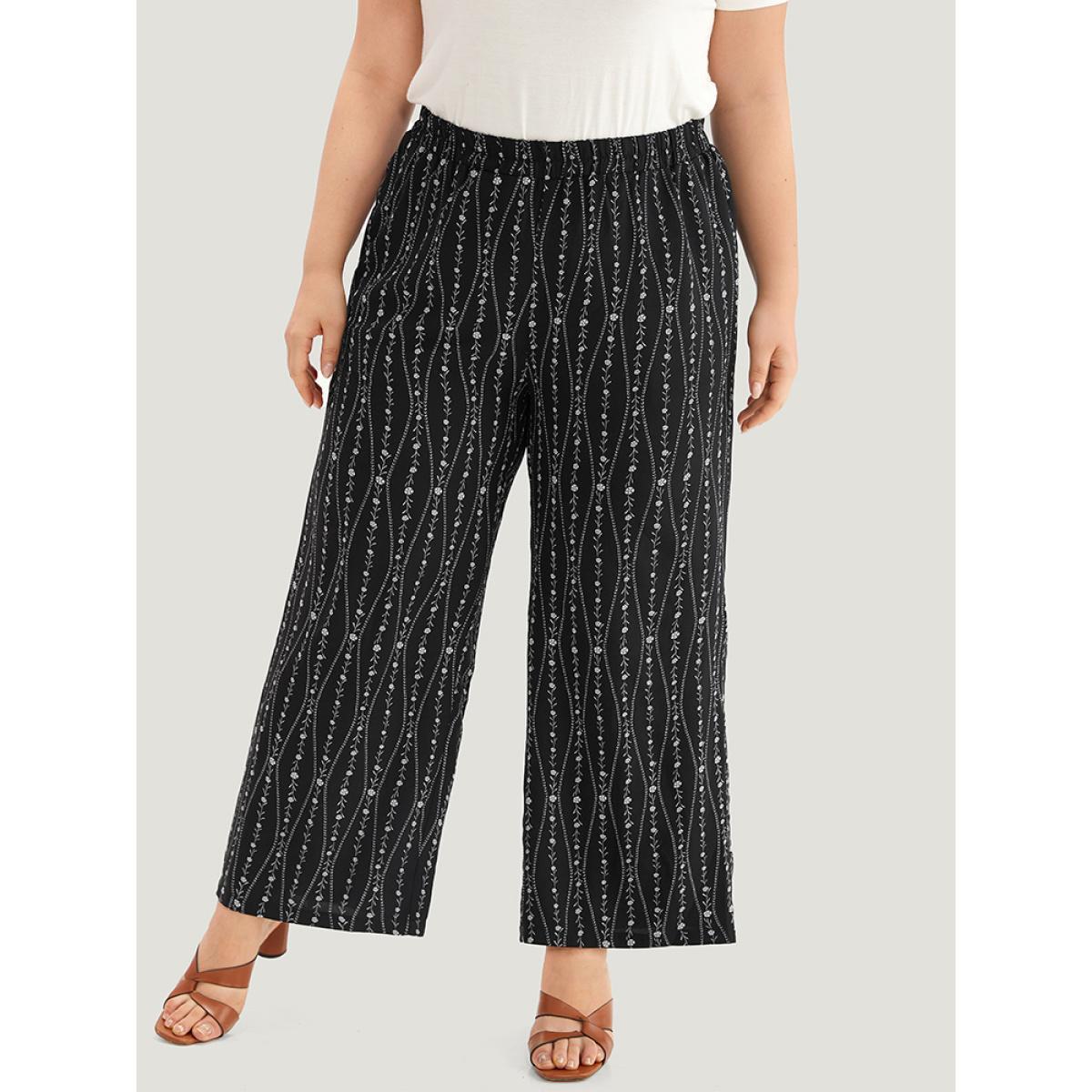 Plus Size Striped Ditsy Floral Elastic Waist Pants Women Black Vacation Straight Leg High Rise Dailywear Pants BloomChic 10/M Product Image