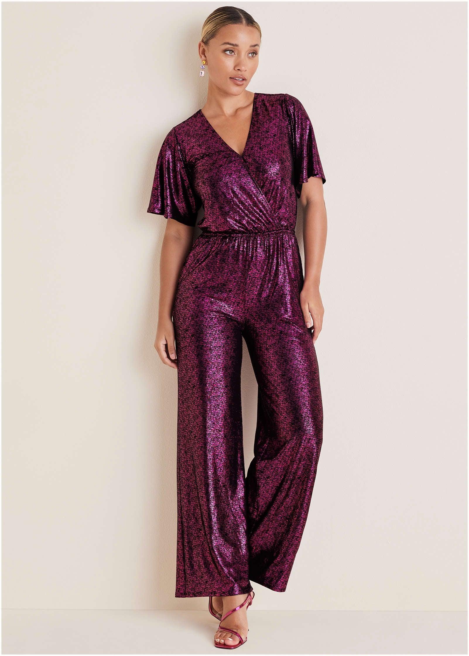 Metallic Flutter Sleeve Jumpsuit - Vivacious Product Image
