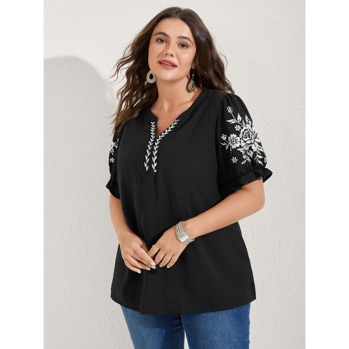 Plus Size Black Notched Collar Embroidered Ruffled Blouse Women Half Sleeve Flat collar with V-notch Everyday-Elegant Blouses BloomChic 12/L Product Image