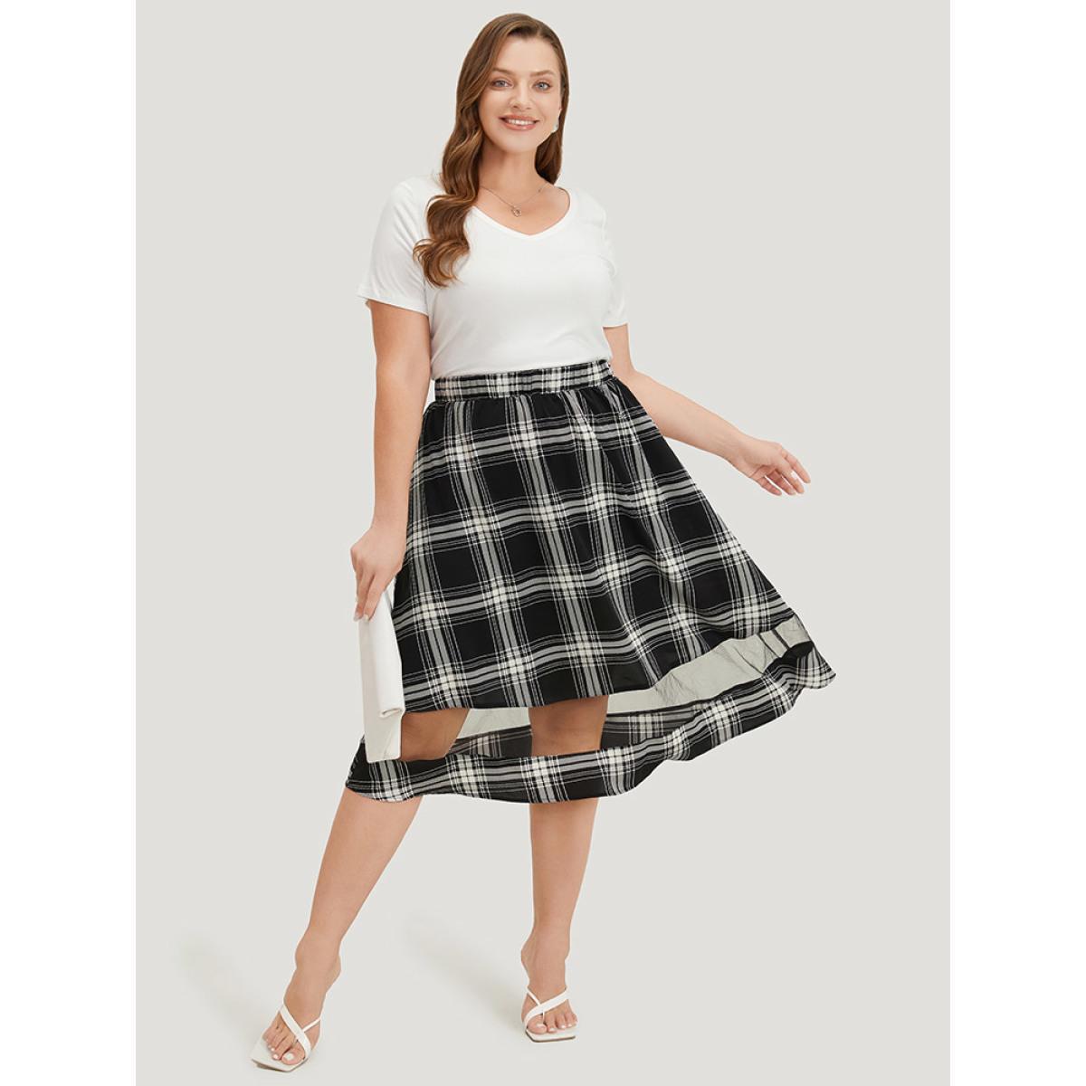 Plus Size Tartan Pocket Mesh Patchwork Elastic Waist Skirt Women Black Office See through No stretch Pocket Work Skirts BloomChic 14-16/1X Product Image