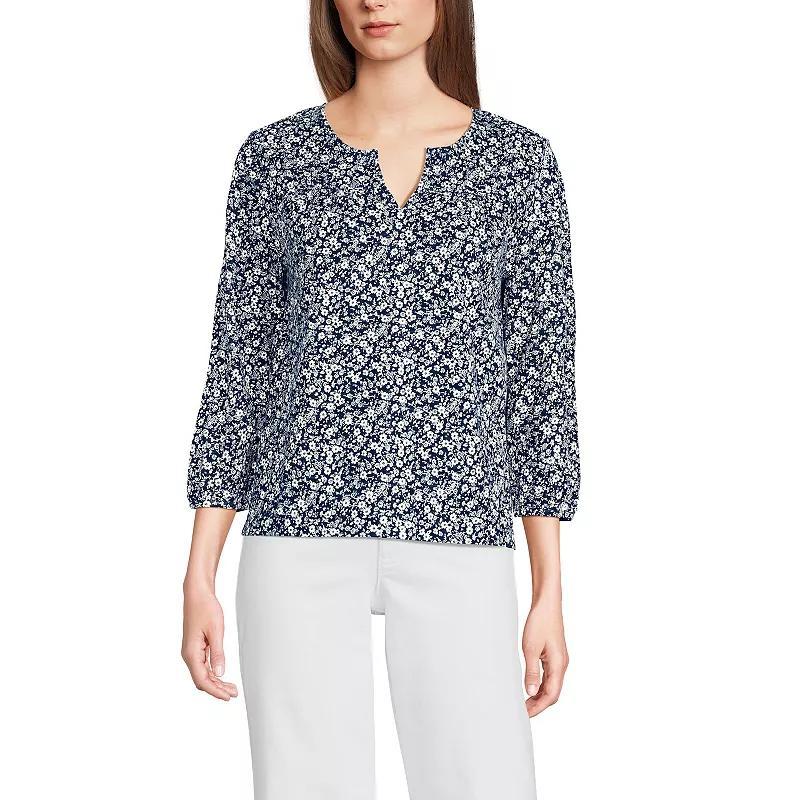 Women's Lands' End 3/4 Sleeve Slub Notch Neck Top, Size: Large, White Green Stripe Product Image
