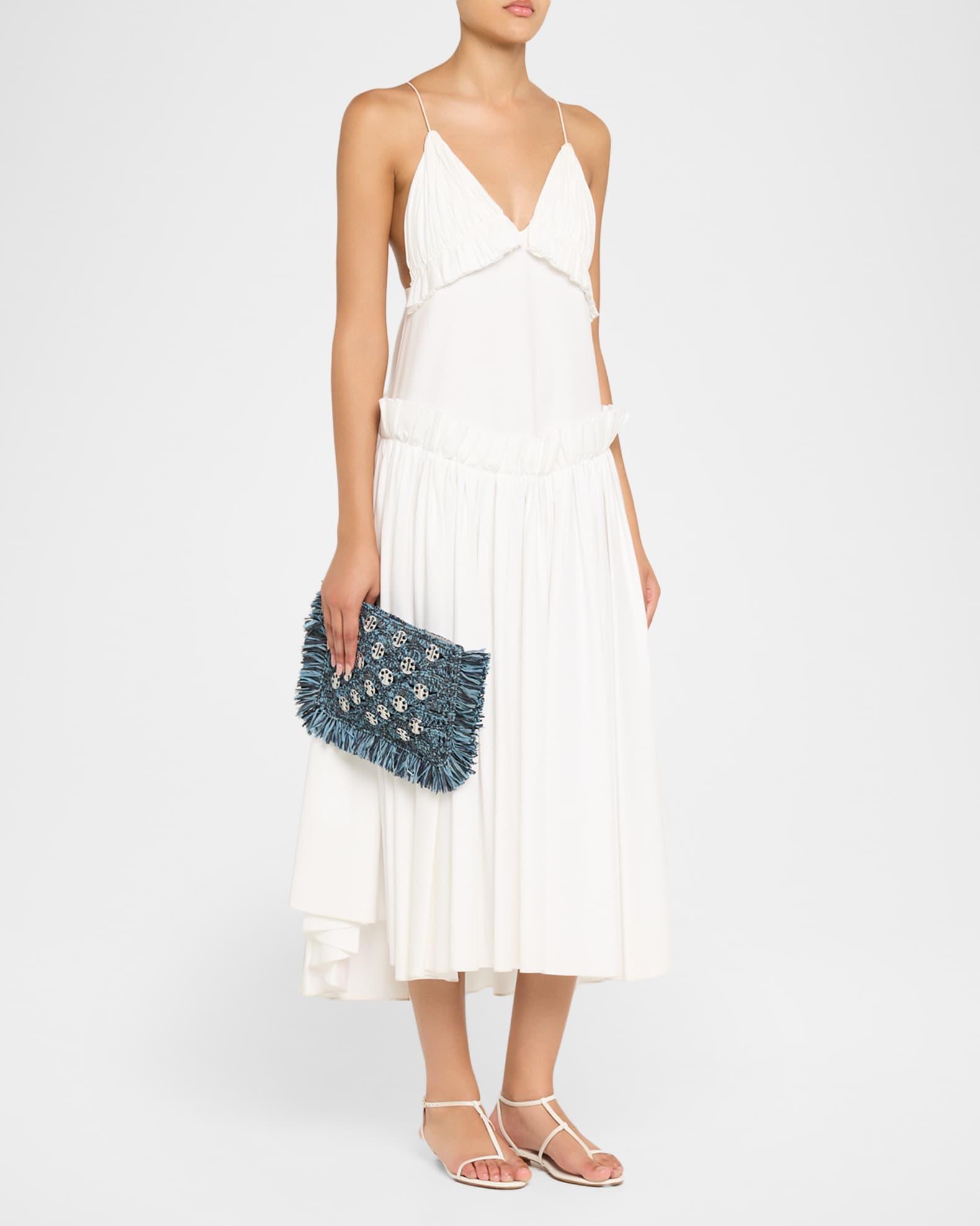 Fringed Denim Raffia Disc Pouch Bag Product Image