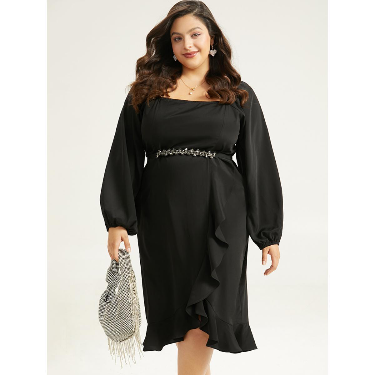 Plus Size Anti-Wrinkle Square Neck Ruffle Trim Wrap Hem Dress Burgundy Women Glamour Elastic cuffs Square Neck Long Sleeve Curvy Midi Dress BloomChic 22-24/3X Product Image