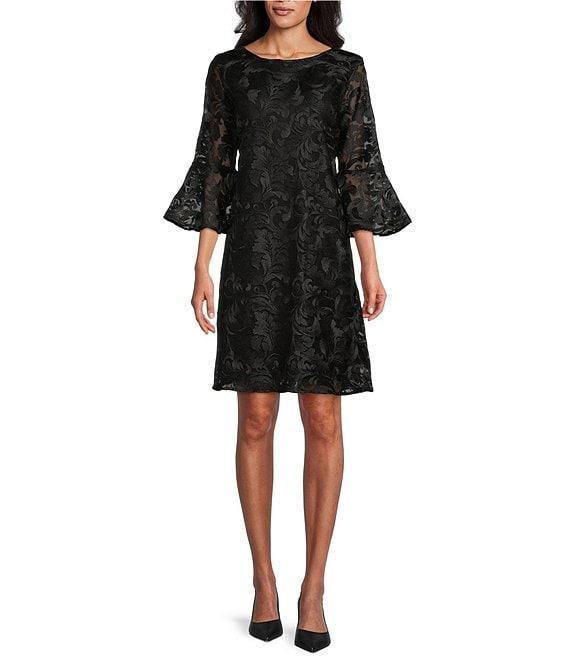 Caroline Rose Bella Soiree Embroidered Mesh Lace 3/4 Bell Sleeve Shift Dress Product Image