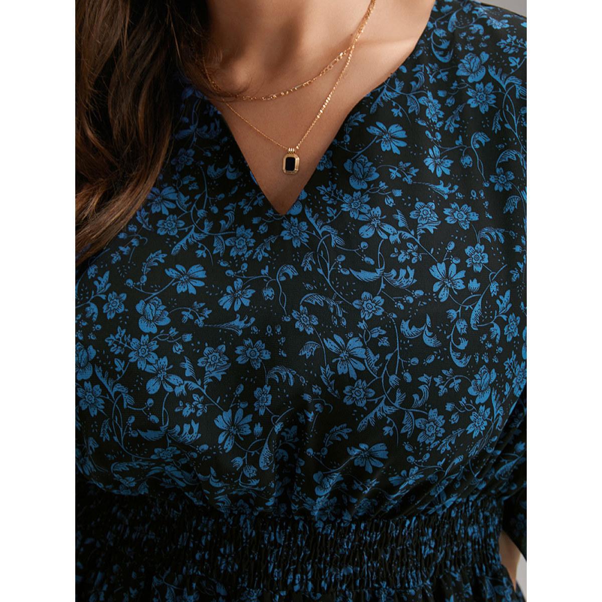 Plus Size Chiffon Ditsy Floral Pocket Shirred Cuffs Dress Black Women Elegant Elastic cuffs V-neck Long Sleeve Curvy Midi Dress BloomChic 10/M Product Image