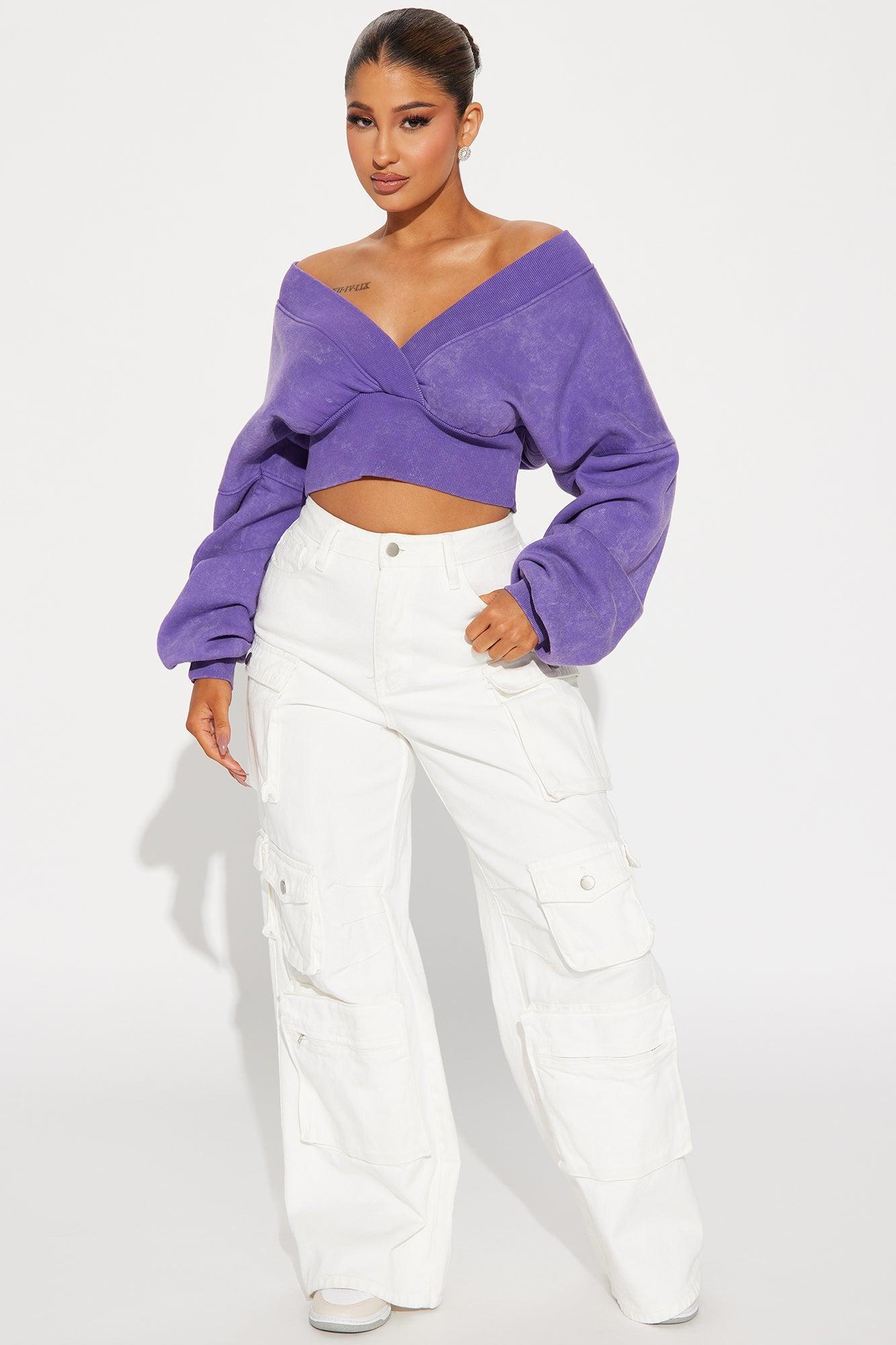 Amara Fleece Off Shoulder Sweatshirt - Purple Product Image