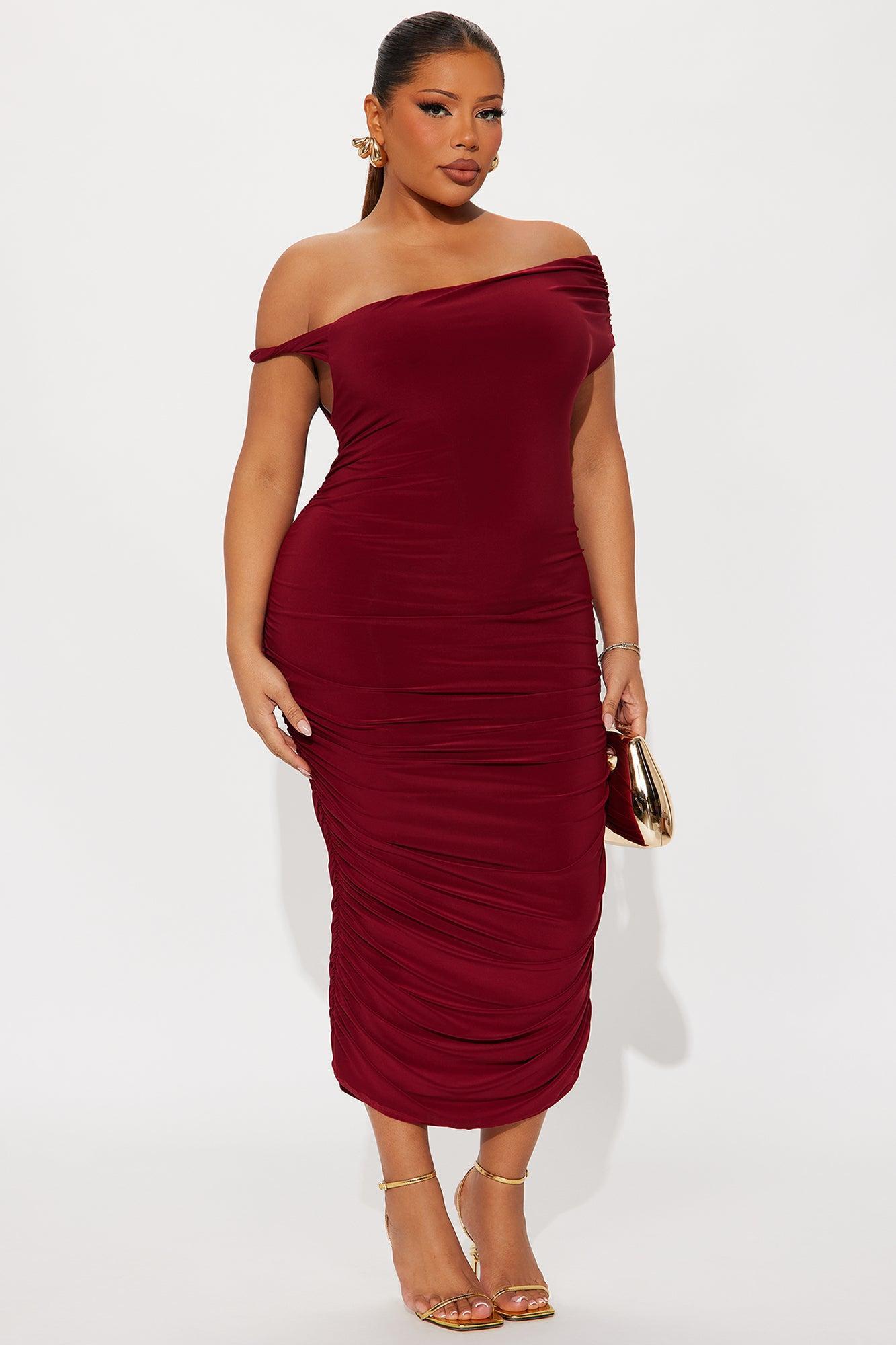 Blind Date One Shoulder Midi Dress - Wine Product Image