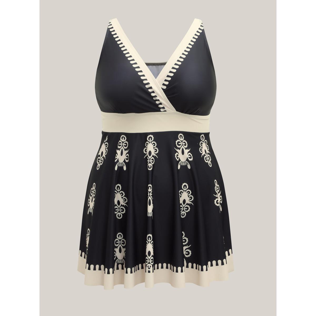 Plus Size Boho Flower Print Surplice Swim Dress Women's Swimwear DarkGreen Beach Bodycon Overlap Collar High stretch Curve Swim Dresses BloomChic 28/5X Product Image