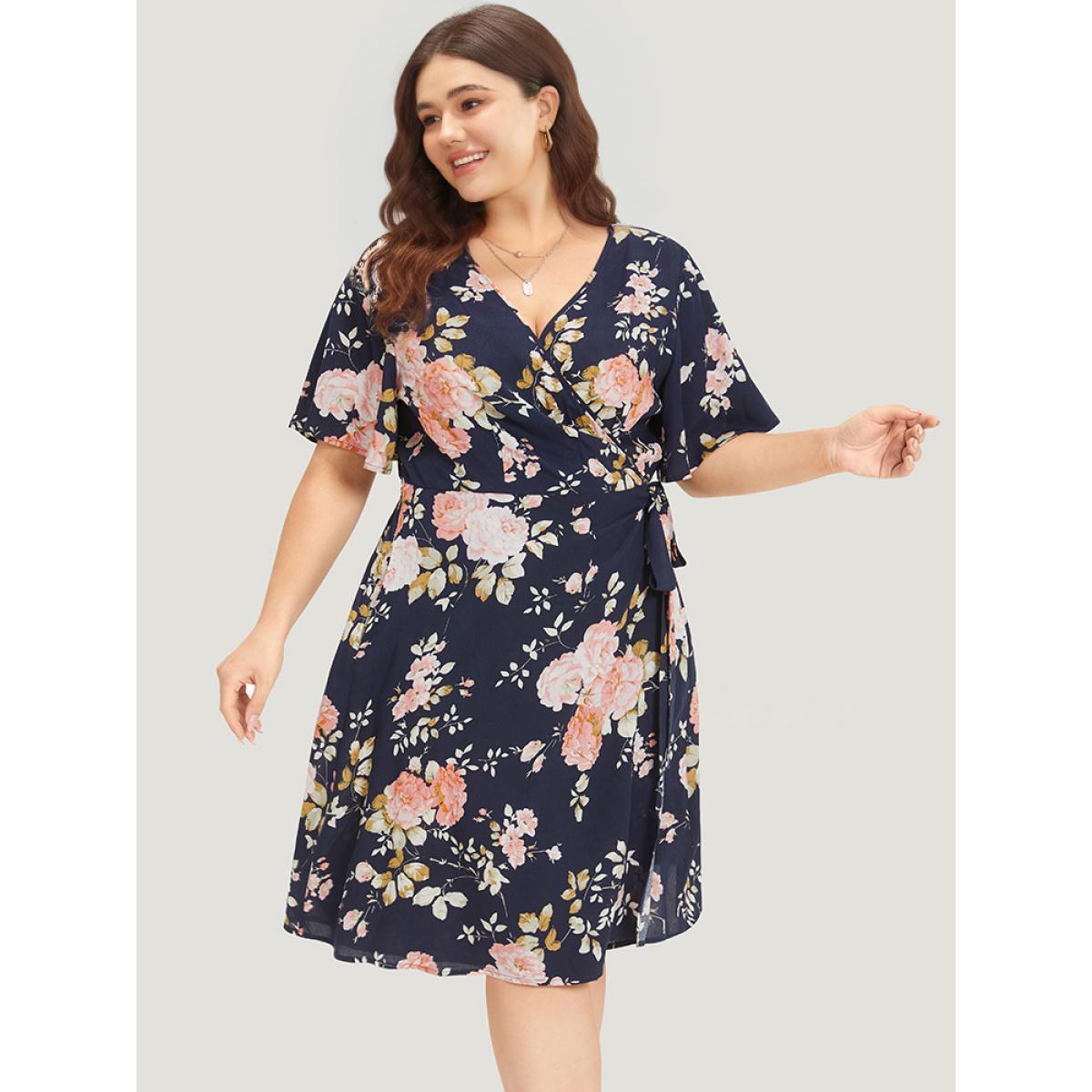 Plus Size Floral Print Pocket Knot Ruffle Sleeve Wrap Dress DarkBlue Women Elegant Wrap V-neck Half Sleeve Curvy Knee Dress BloomChic 14-16/1X Product Image