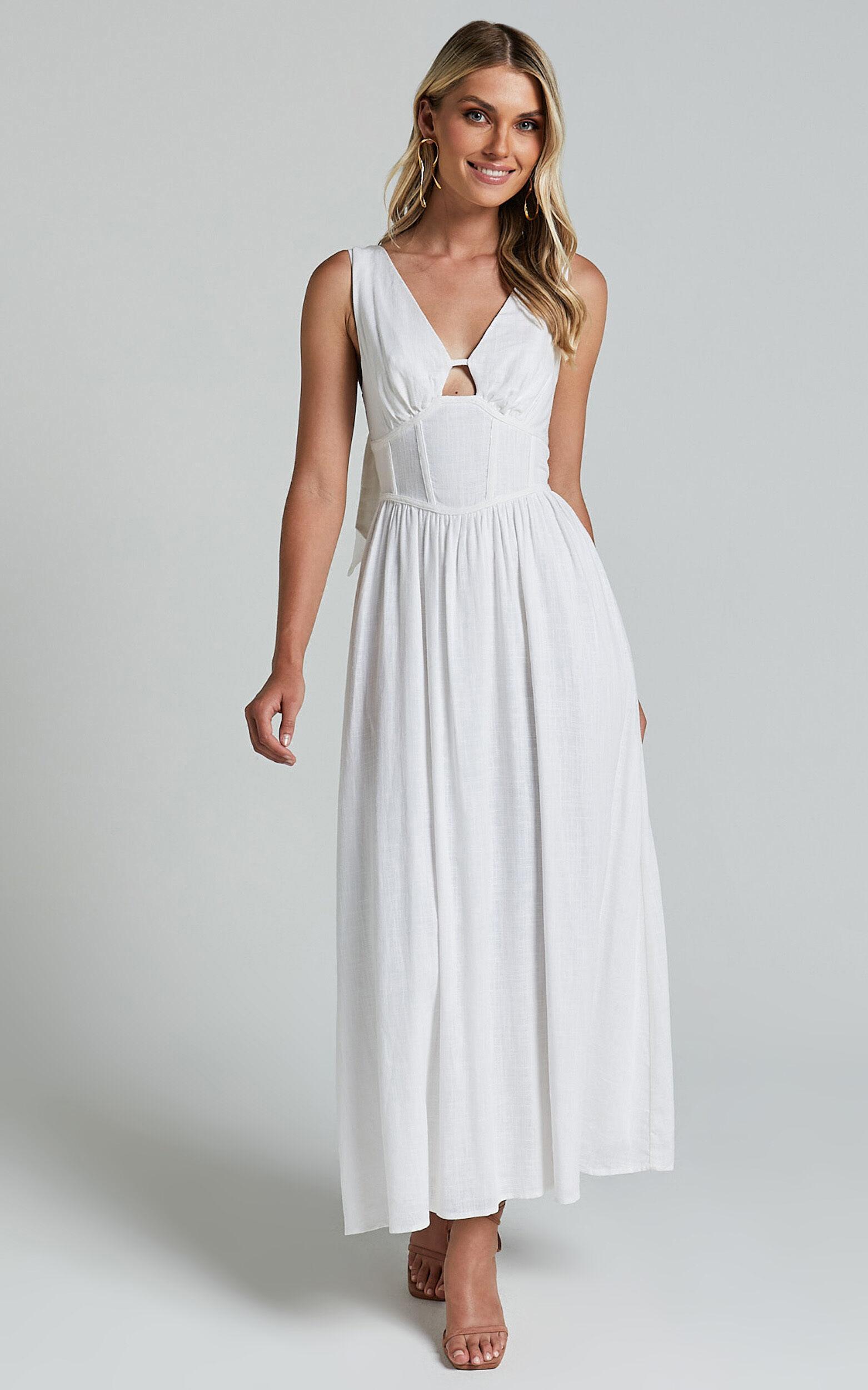 Amalie The Label - Chamika Linen Blend Bustier Double Tie Back Midi Dress in White Product Image
