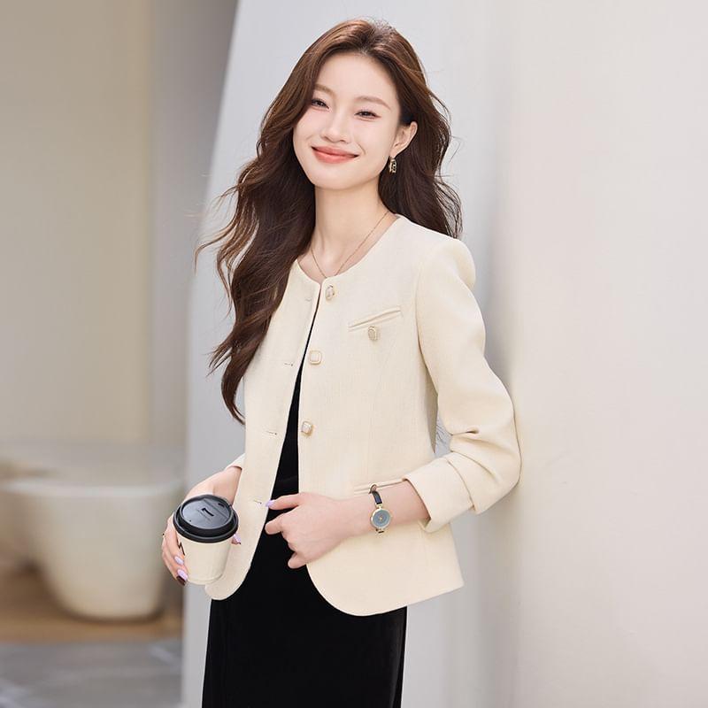 Round Neck Plain Single Breasted Jacket Product Image