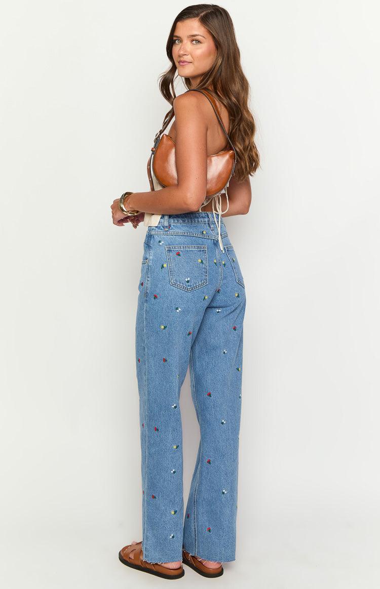 Kansis Blue Embroidered Uneven Waist Jeans Product Image