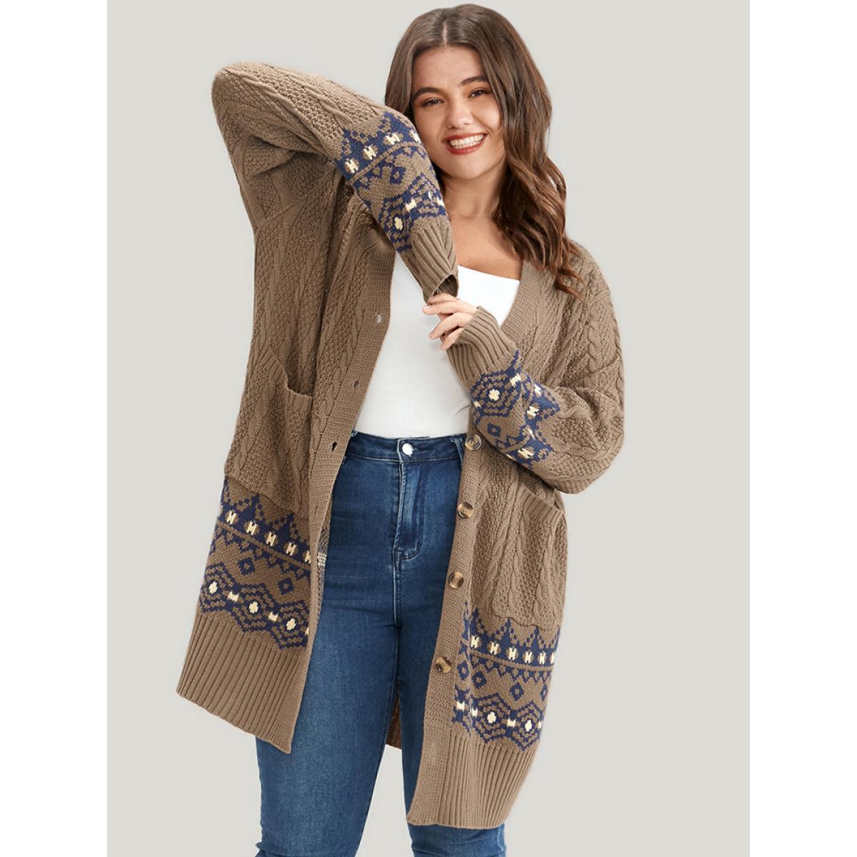 Plus Size Geometric Contrast Pointelle Knit Pocket Cable Knit Button Front Cardigan Bronze Women Elegant Loose Long Sleeve Dailywear Cardigans BloomChic 10/M Product Image