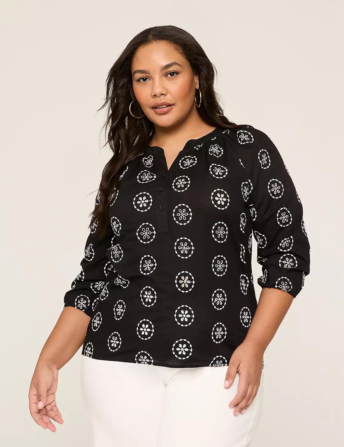 Embroidered 3/4-Sleeve Split-Neck Popover Blouse Product Image