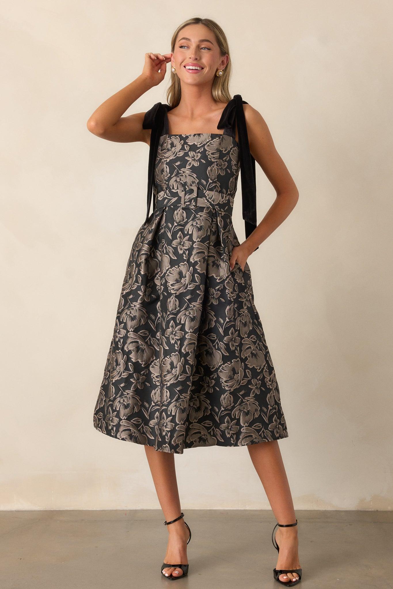 Sweet Disposition Black Floral Jacquard Midi Dress Product Image