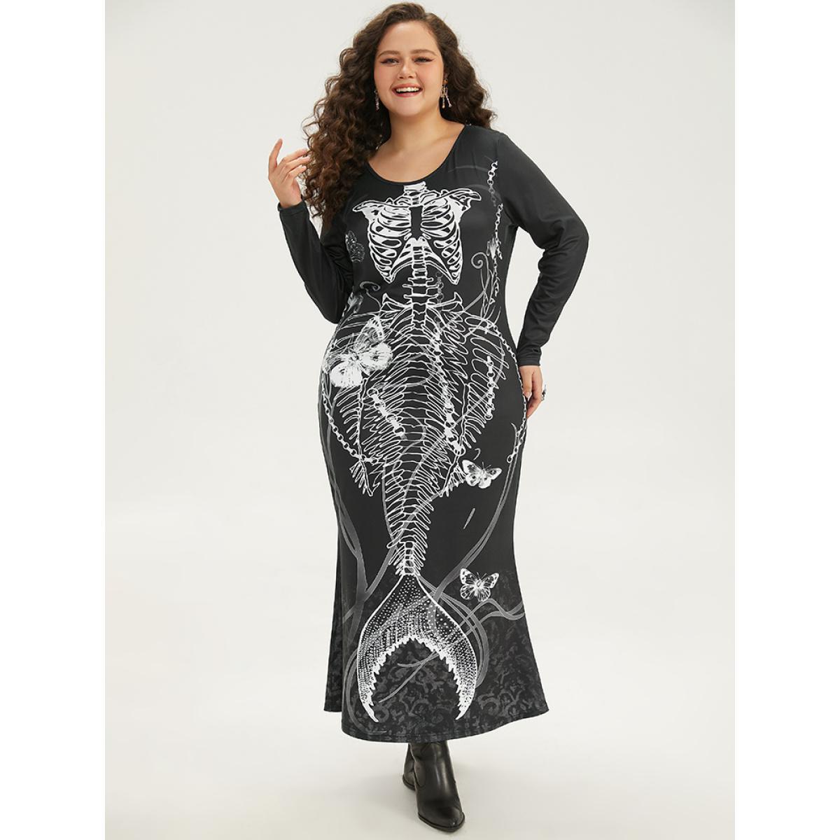 Plus Size Halloween Skull Print Mermaid Hem Dress Black Women Elegant Printed Round Neck Long Sleeve Curvy Long Dress BloomChic 26/4X Product Image