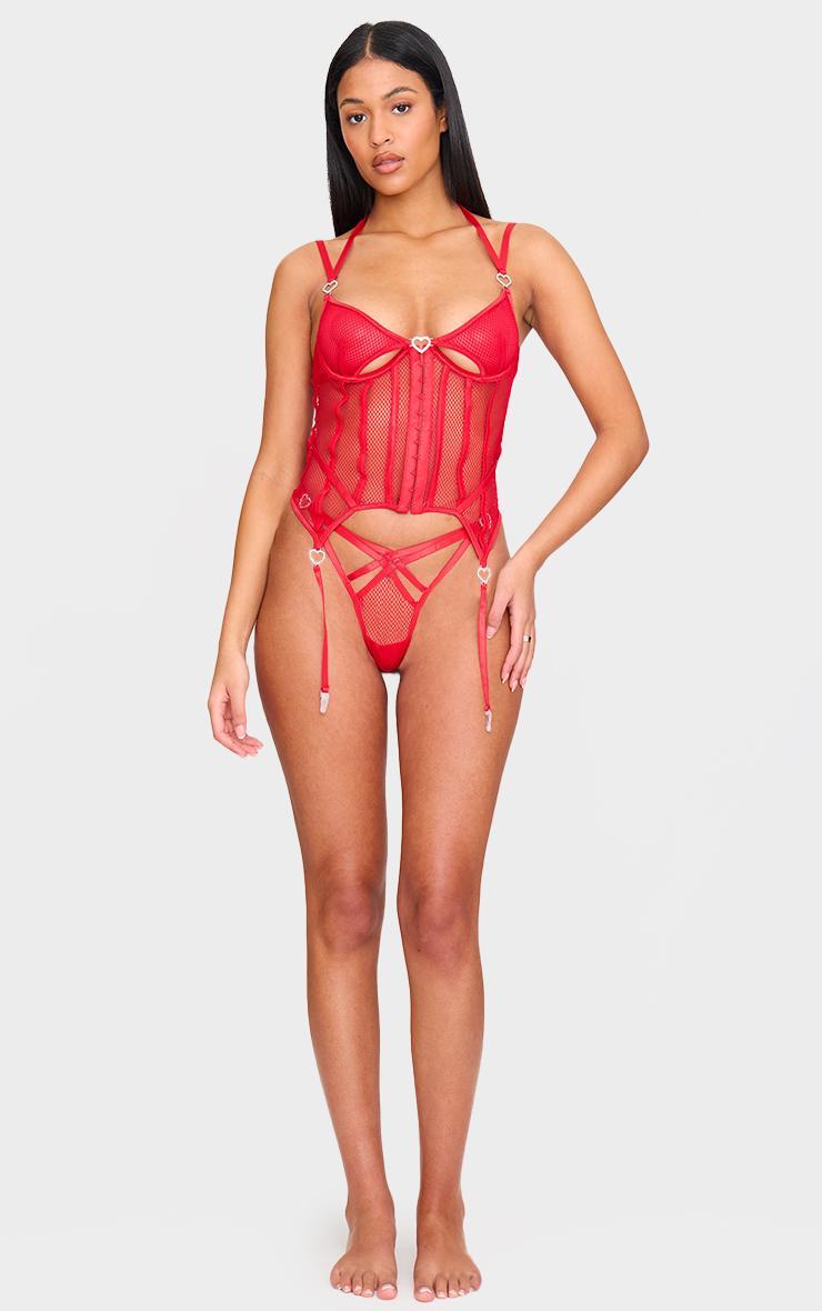 Red Fishnet Diamante Heart Corset Lingerie Set Product Image
