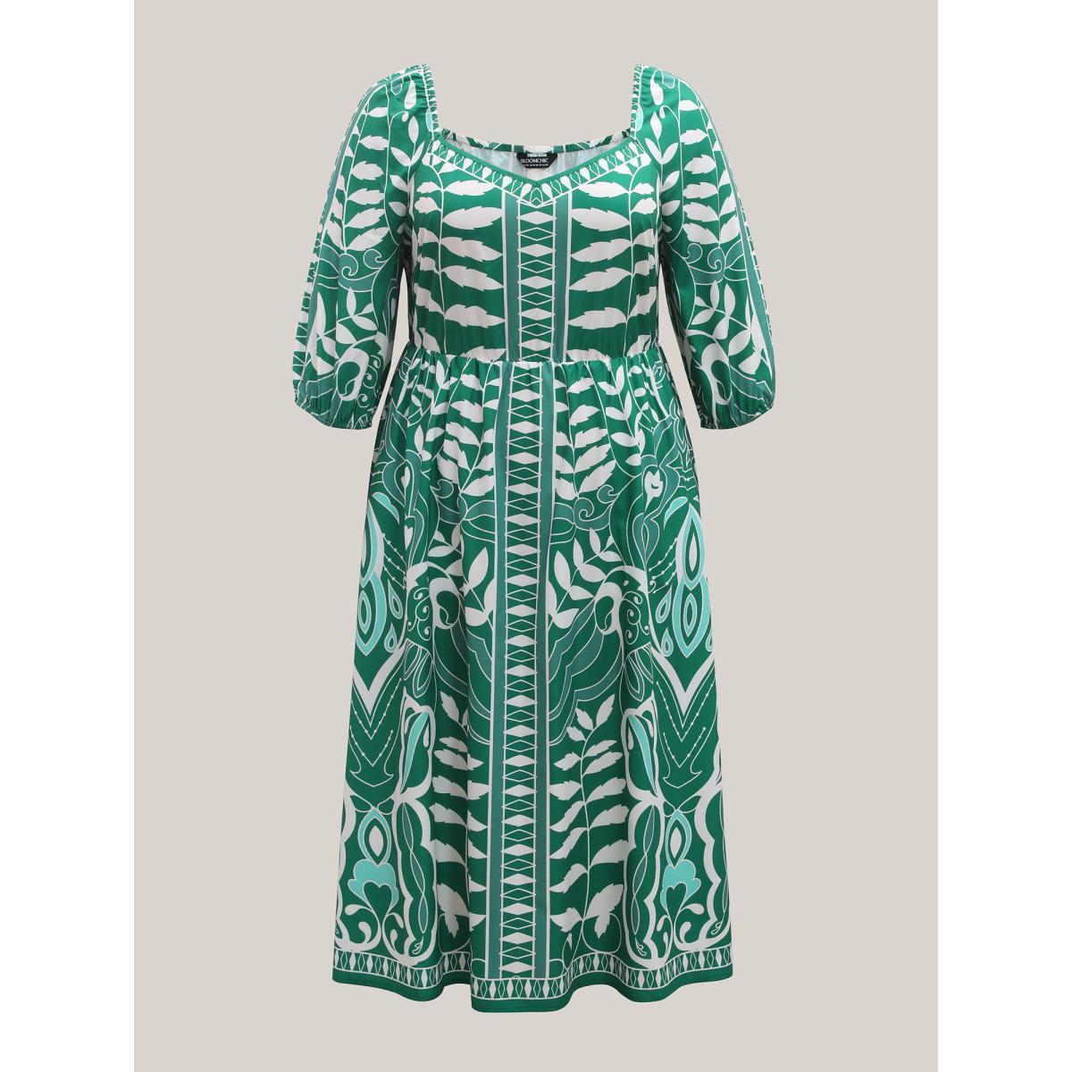 Plus Size Leafy Print Puff Sleeve Pockets Midi Dress Emerald Women Heart neckline Elbow-length sleeve Curvy BloomChic 26/4X Product Image