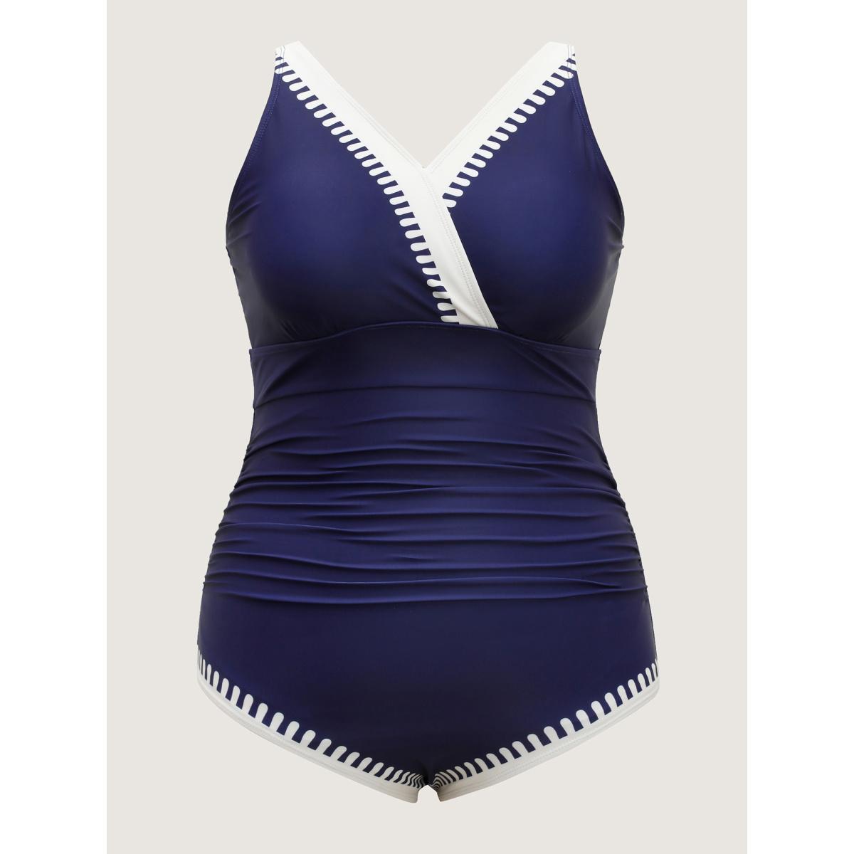 Plus Size Two-Piece Boho Print Sarong Swimsuit Women's Swimwear Indigo Beach Contrast Curve Bathing Suits High stretch One Pieces BloomChic 26/4X Product Image