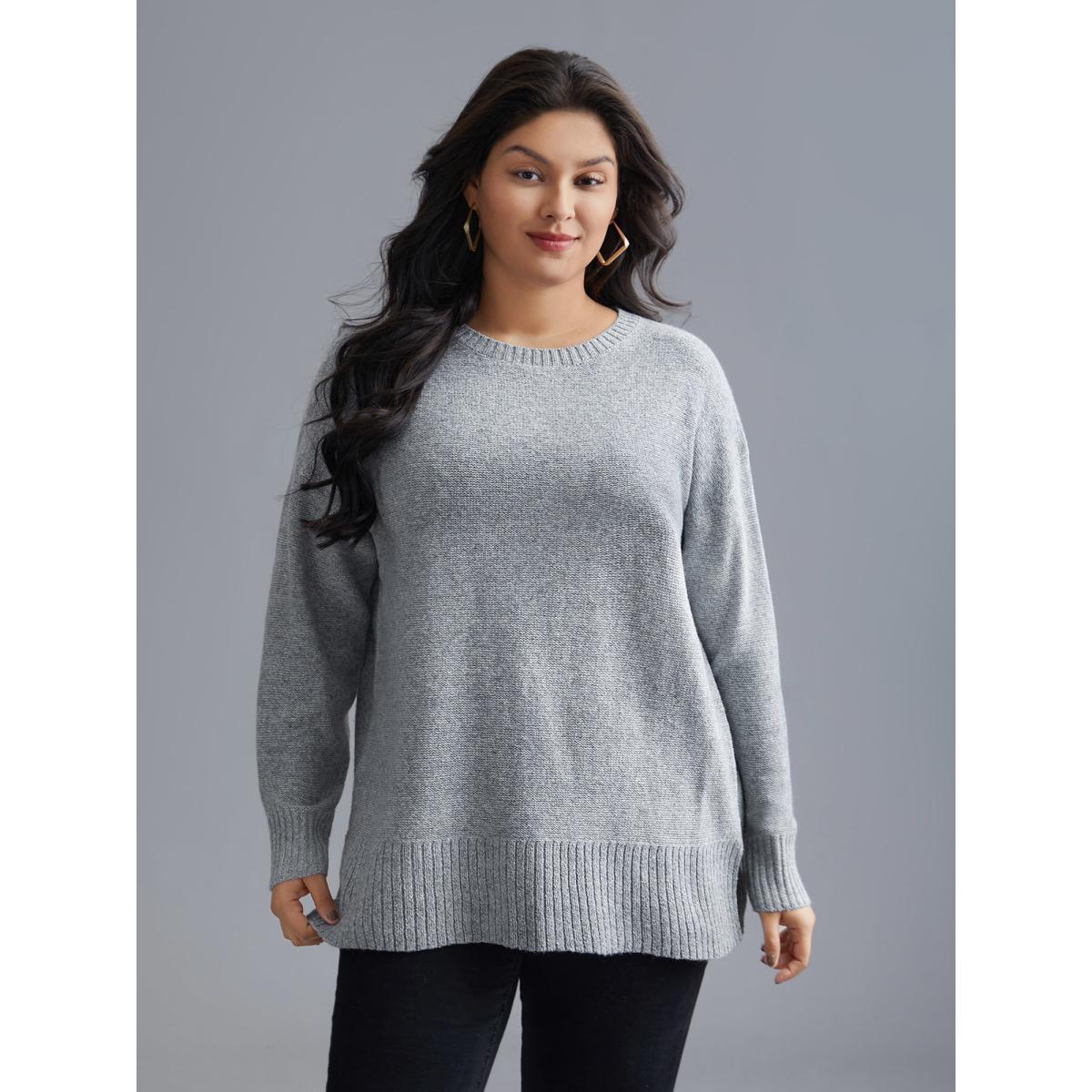 Plus Size Texture Bowknot Cut Out Slit Hem Pullover LightGray Women Casual Loose Long Sleeve Round Neck Everyday Pullovers BloomChic 10/M Product Image