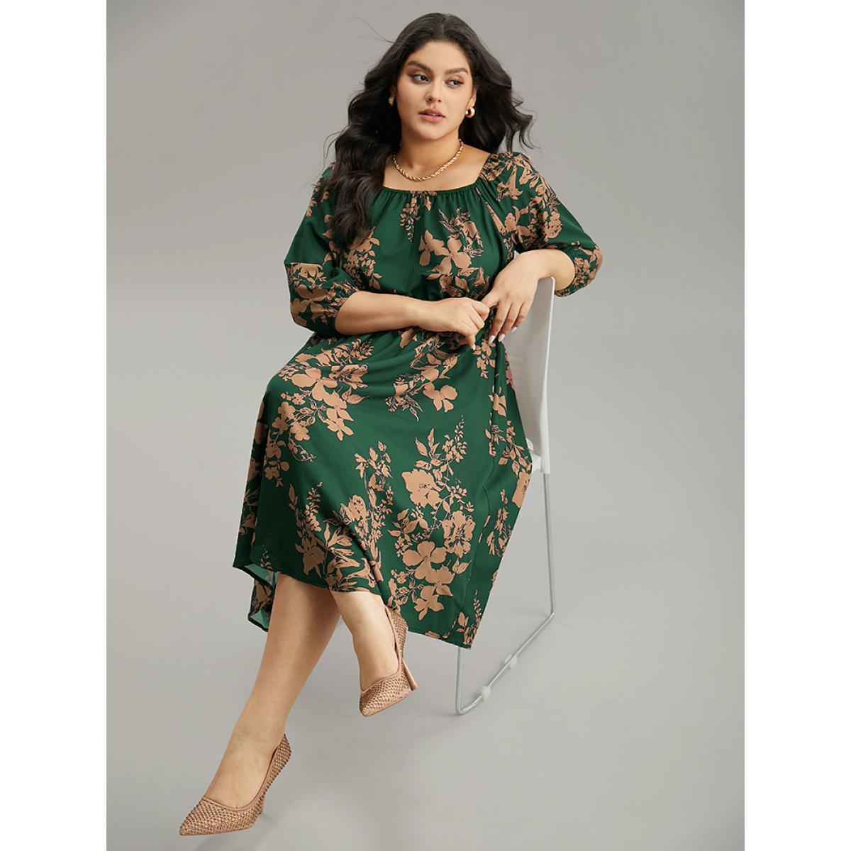 Plus Size Silhouette Floral Print Elastic Cuffs Dress DarkGreen Women Elegant Elastic cuffs Square Neck Elbow-length sleeve Curvy Midi Dress BloomChic 10/M Product Image