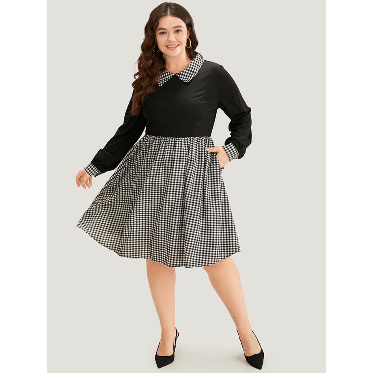 Plus Size Gingham Patchwork Pocket Shirt Collar Dress Black Women Office Patchwork Shirt collar Long Sleeve Curvy Midi Dress BloomChic 12/L Product Image