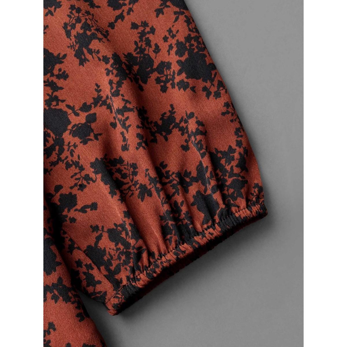 Plus Size Russet Silhouette Floral Print Shirred Gathered Blouse Women Elegant Long Sleeve Wrap collar Everyday Blouses BloomChic 12/L Product Image