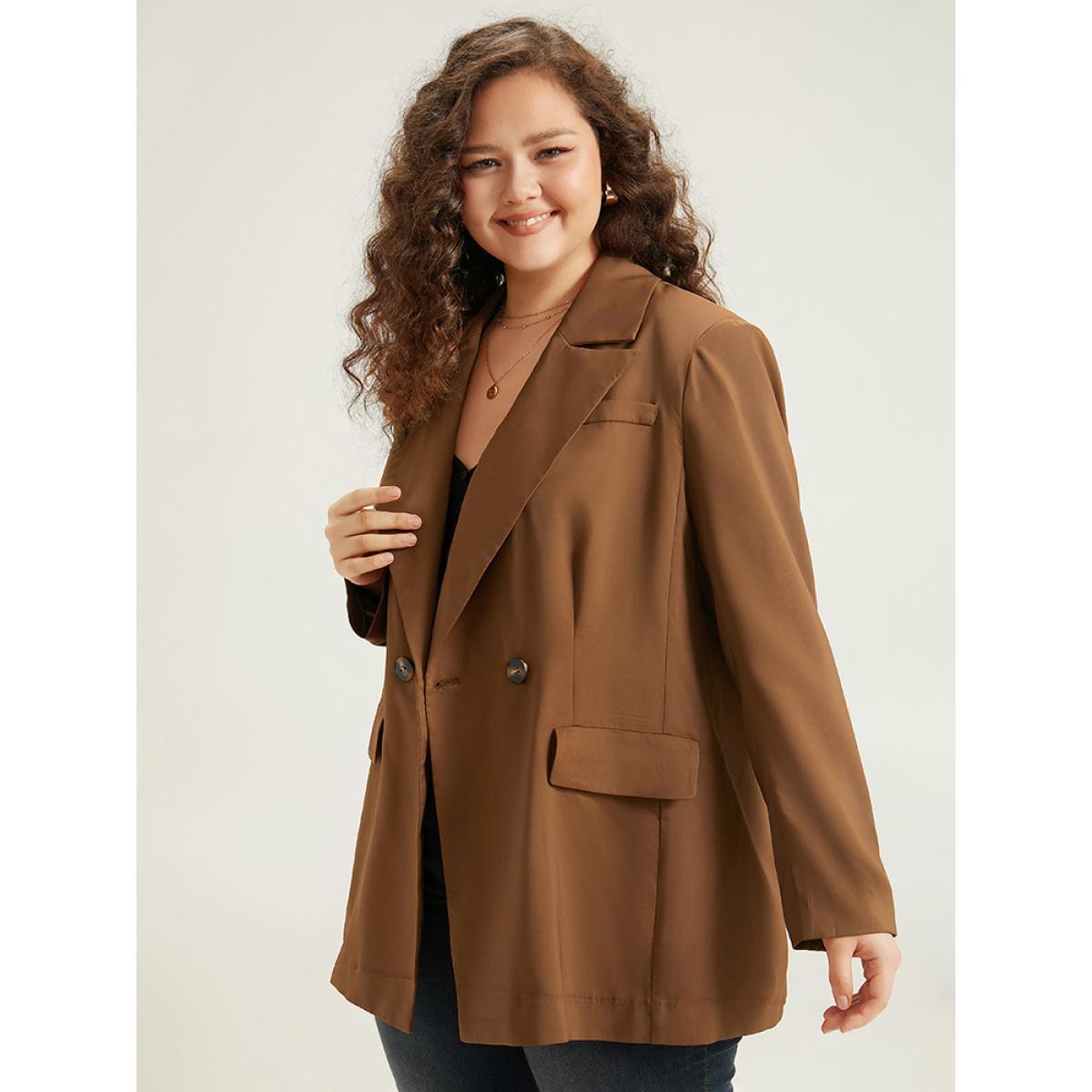 Plus Size Suit Collar Button Up Pocket Blazer DarkBrown Women Dailywear Plain Plain Sleeve Long Sleeve Suit Collar 18-20/2X Pocket Casual Blazers BloomChic Product Image
