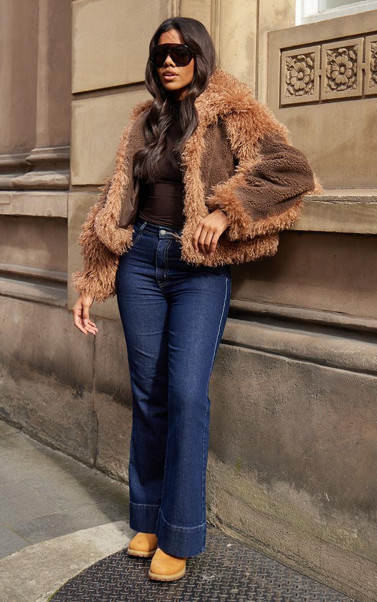 Brown Faux Fur Contrast Teddy Aviator Jacket Product Image