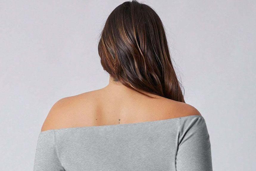 Plus Size Long-Sleeve Off-Shoulder Melange Crop Slim Fit Tee Product Image