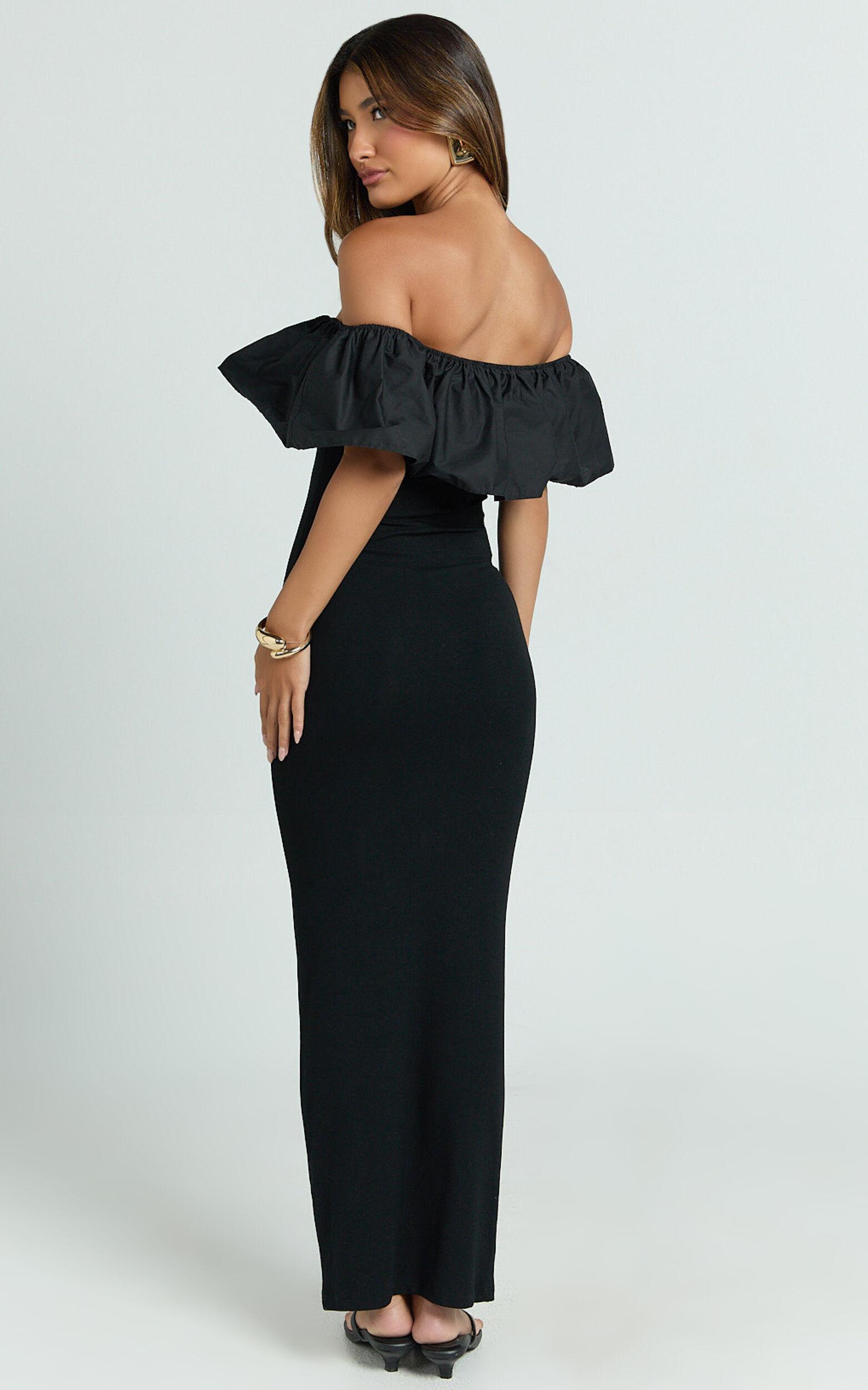 Carol Maxi Dress - Off Shoulder Frill Neckline Dress in Black Product Image
