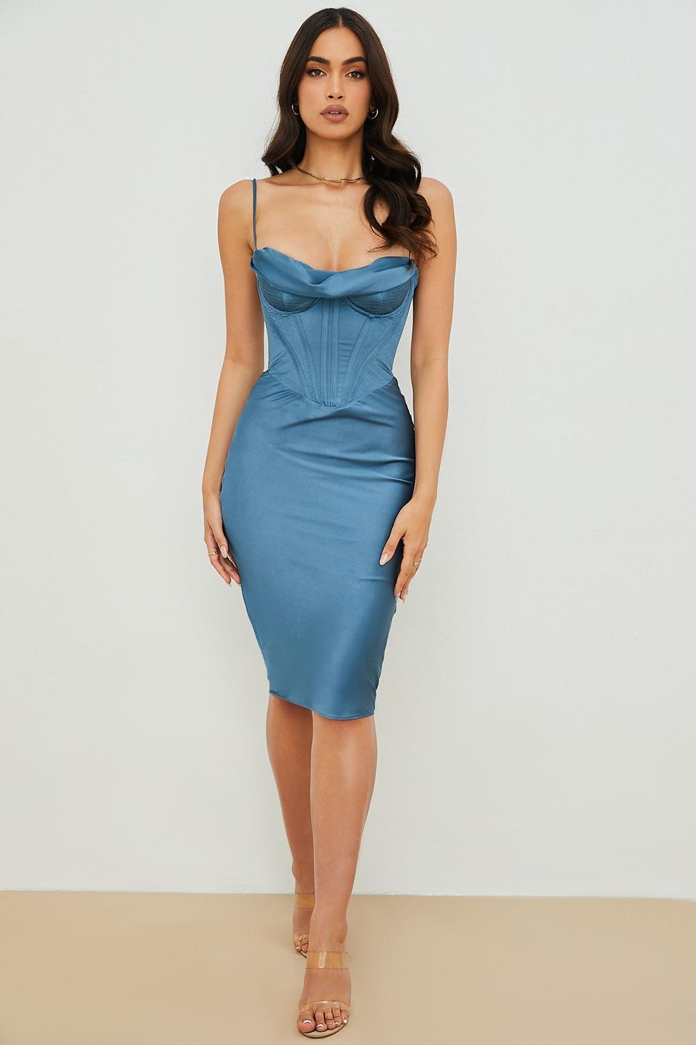 Myrna Aegean Blue Corset Midi Dress Product Image