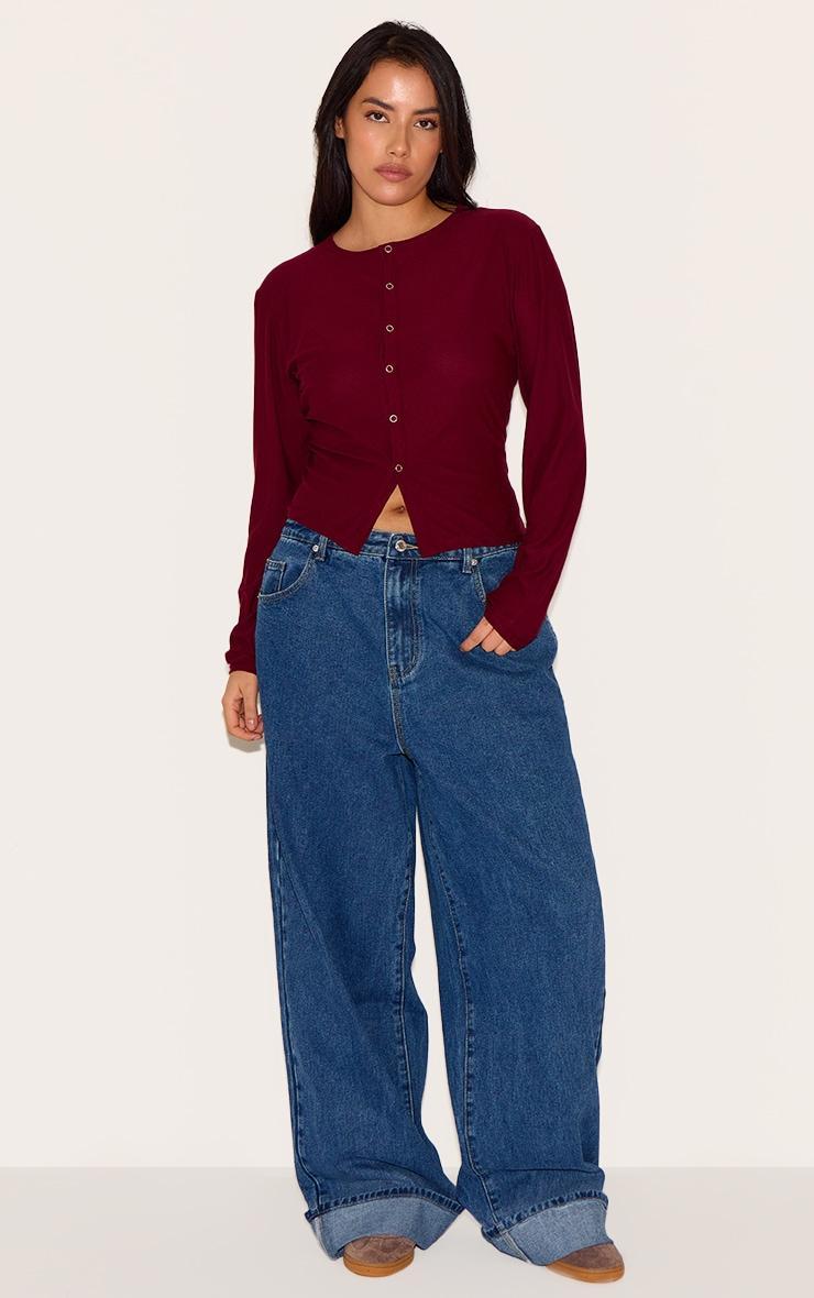 Plus Burgundy Soft Touch Popper Fitted Long Sleeve Long Top Product Image