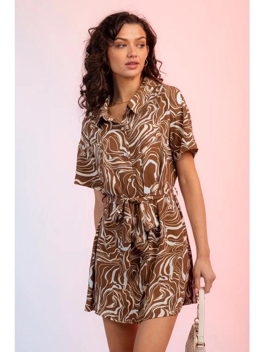 Brown Marbled Print Belted Shirt Dress Female Product Image