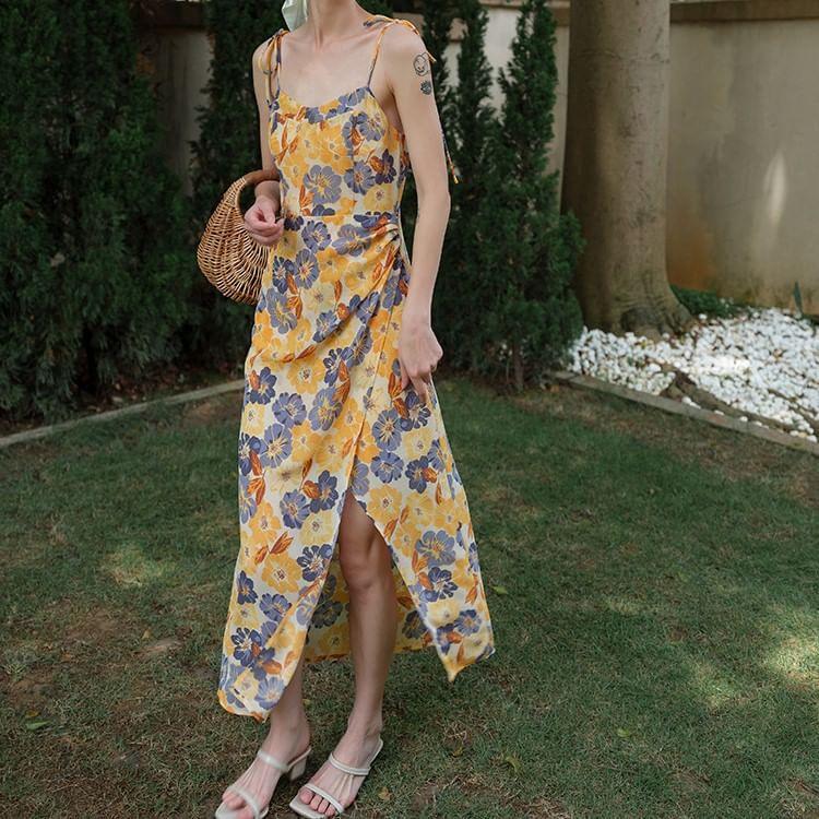 Tie Shoulder Floral Print Slit Maxi A-Line Dress Product Image