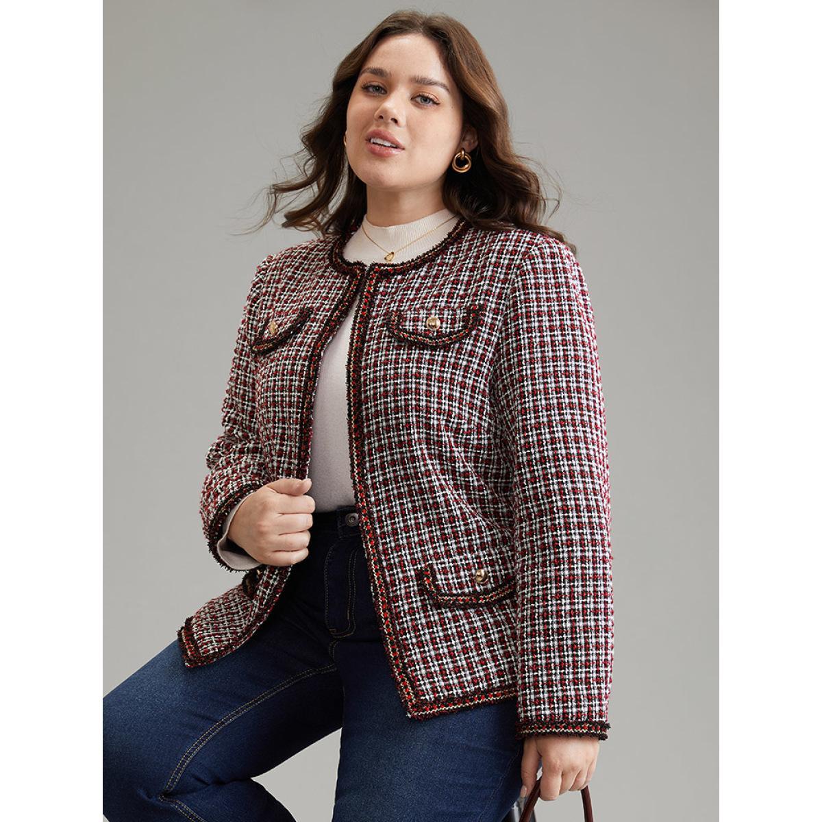 Plus Size Coarse Tweed Gingham Plisse Flap Pocket Blazer Women Scarlet Office Texture Ladies Work Winter Coats BloomChic 14-16/1X Product Image