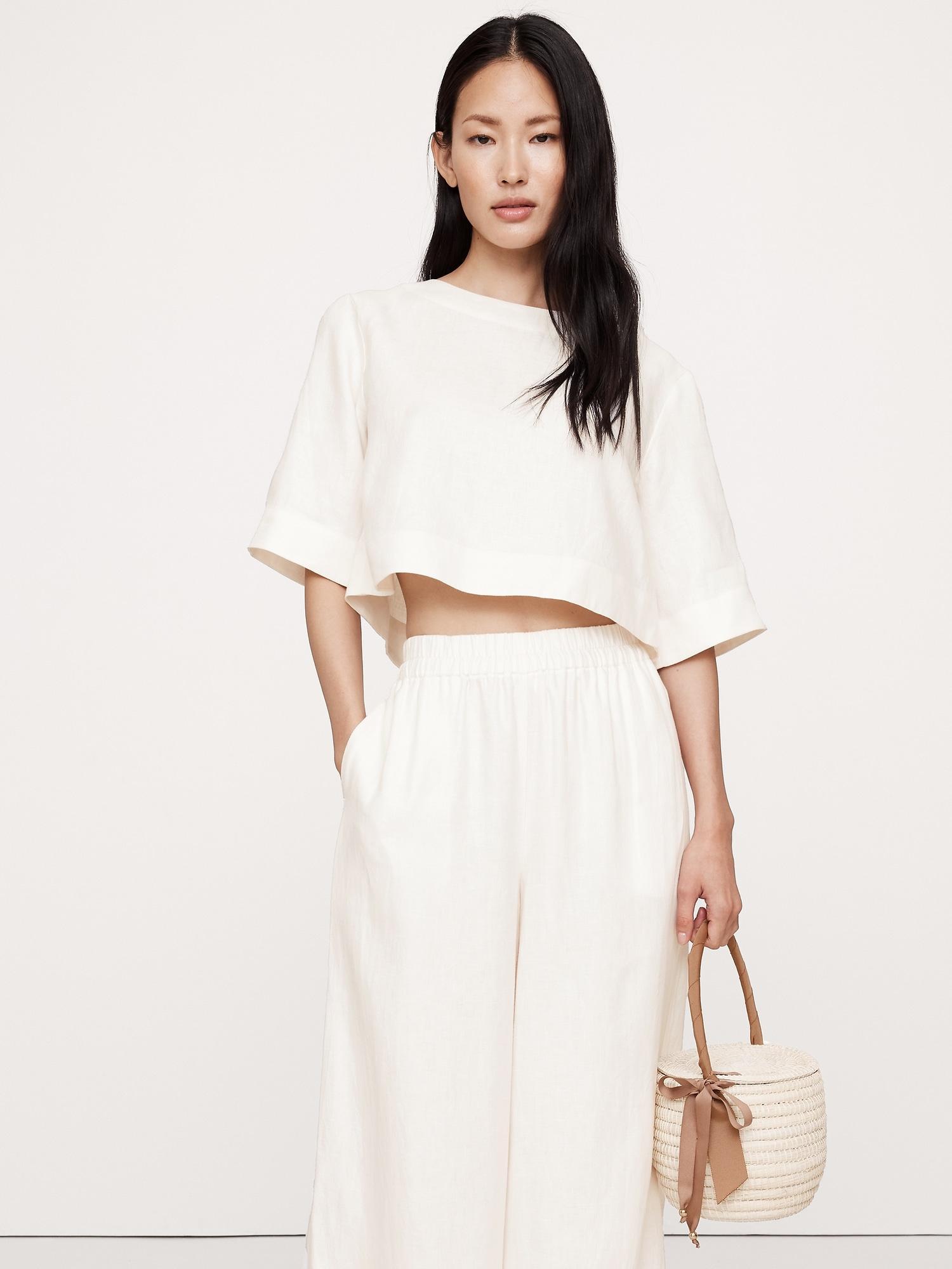 Linen Boat-Neck Cropped Top Product Image
