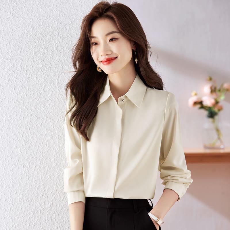 Long-Sleeve Collared Plain Button-Up Blouse Product Image
