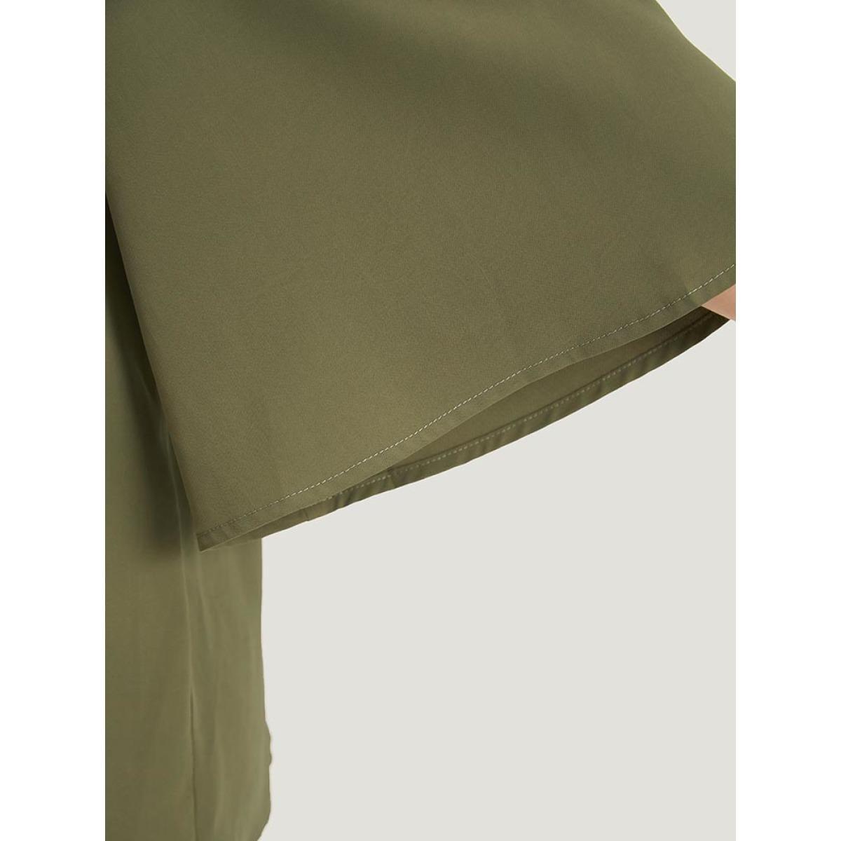 Plus Size ArmyGreen Plain Pleated Detail Bell Sleeve Blouse Women Office Elbow-length sleeve Round Neck Work Blouses BloomChic 30/6X Product Image