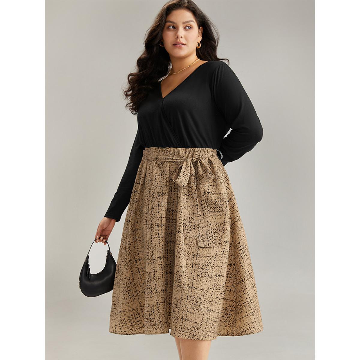 Plus Size Patchwork Pocket Belted Long Sleeve Dress Tan Women Elegant Belted V-neck Long Sleeve Curvy Midi Dress BloomChic 26/4X Product Image