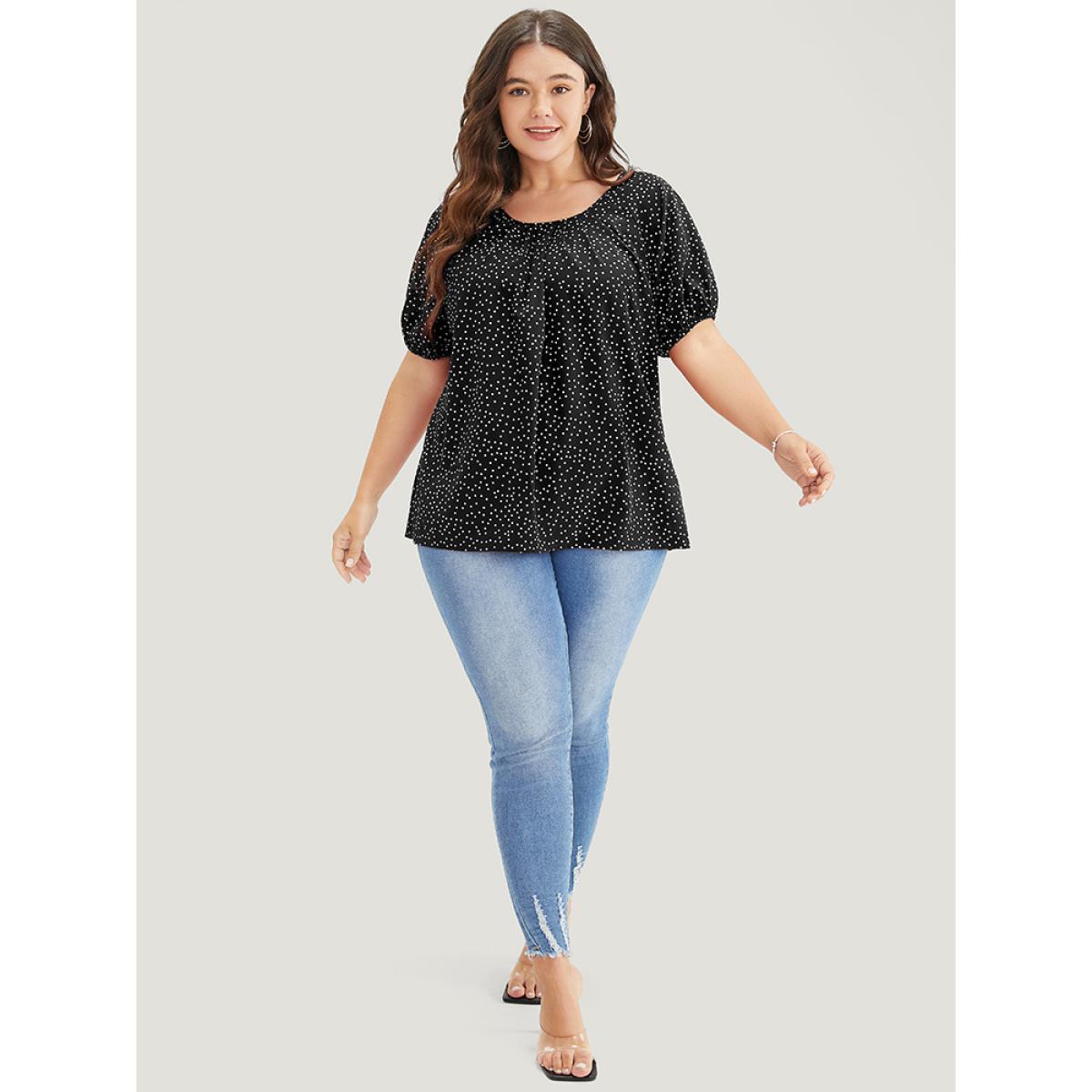Plus Size Black Polka Dot Pleated Round Neck Puff Sleeve Blouse Women Office Short sleeve Round Neck Work Blouses BloomChic 10/M Product Image