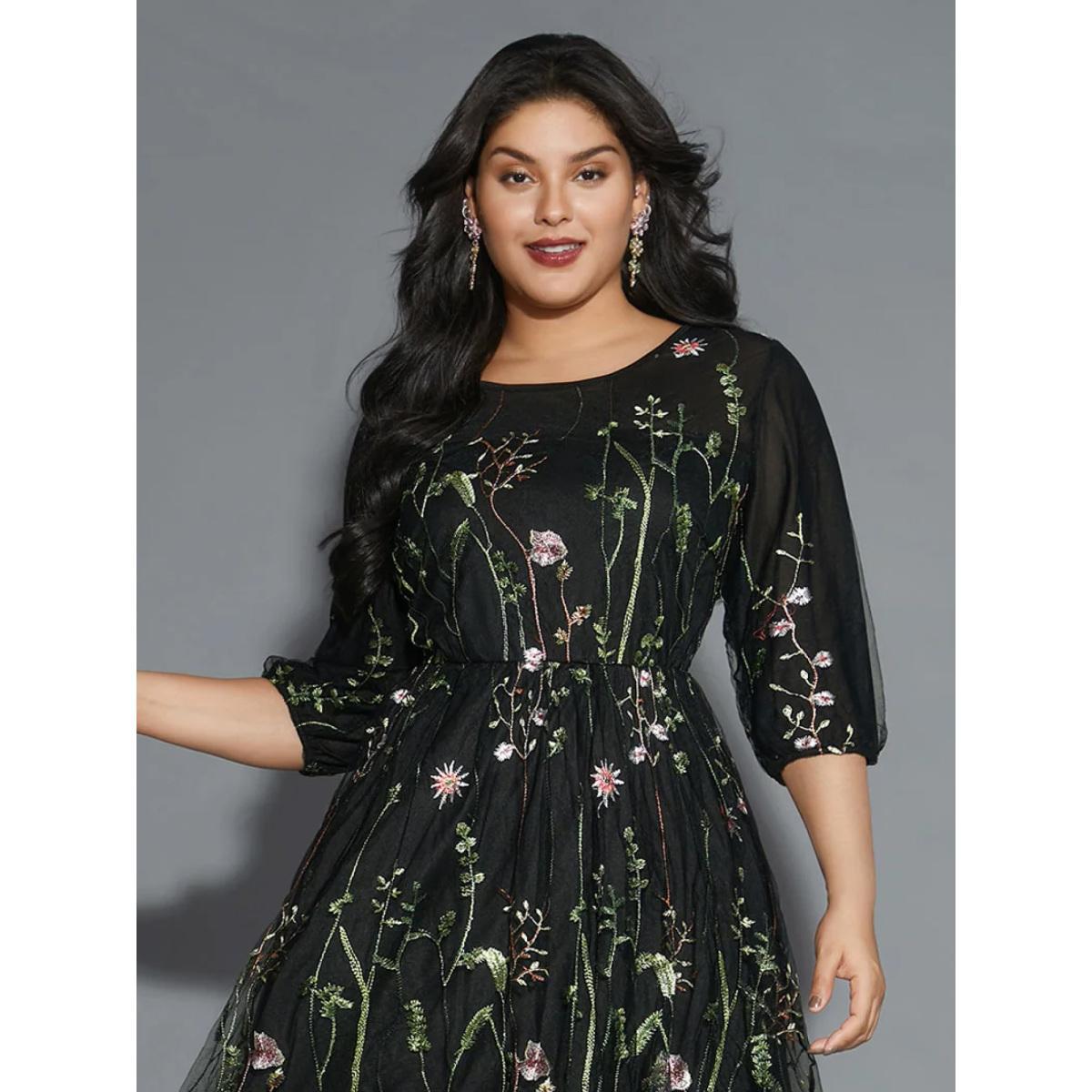 Plus Size Floral Embroidered Elastic Waist Lined Midi Dress Black Women Cocktail Texture Party Curvy Bloomchic 22-24/3X Product Image