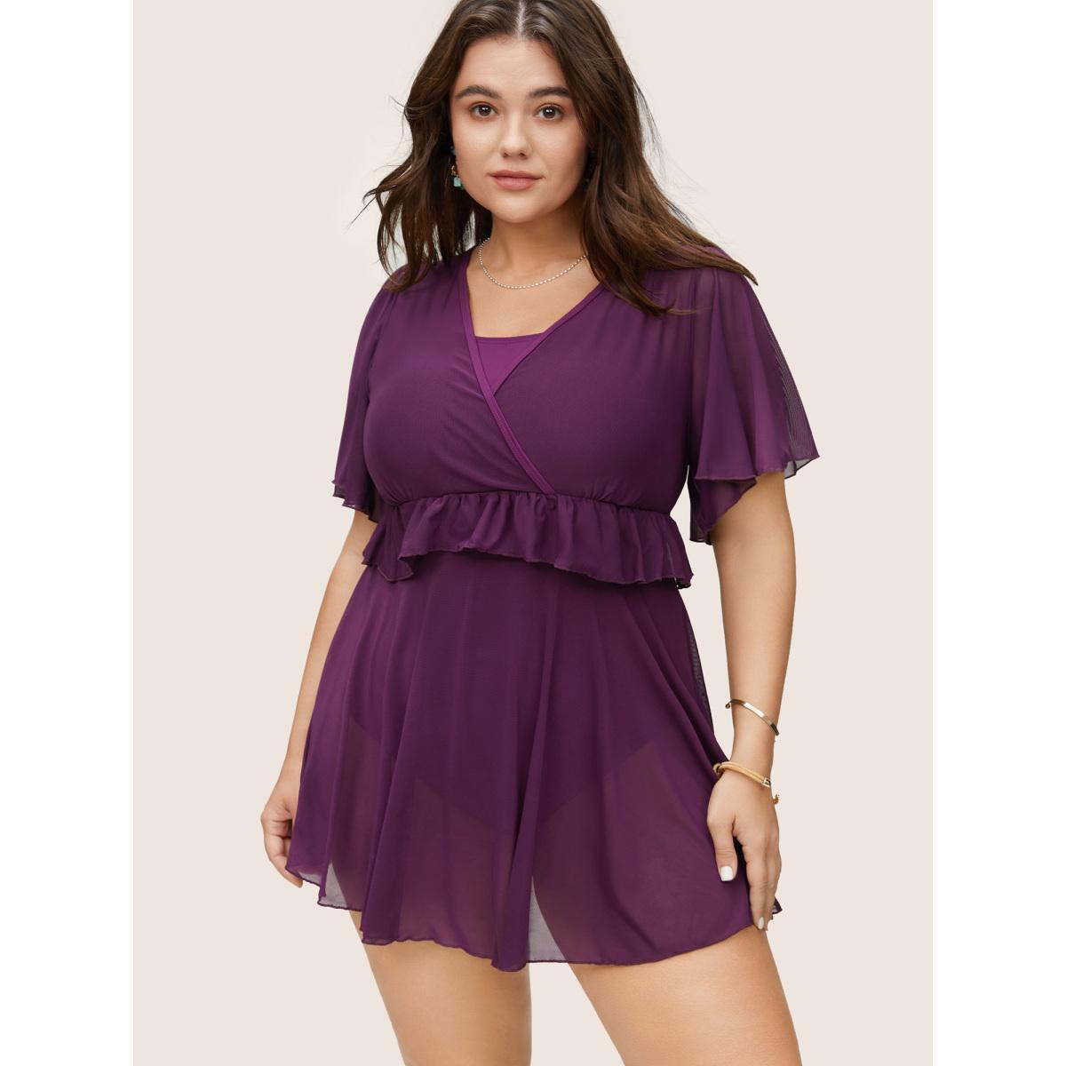 Plus Size Layered Ruffle Trim Mesh Swim Dress Women's Swimwear Eggplant Beach Skinny V-neck High stretch Curve Swim Dresses BloomChic 10/M Product Image