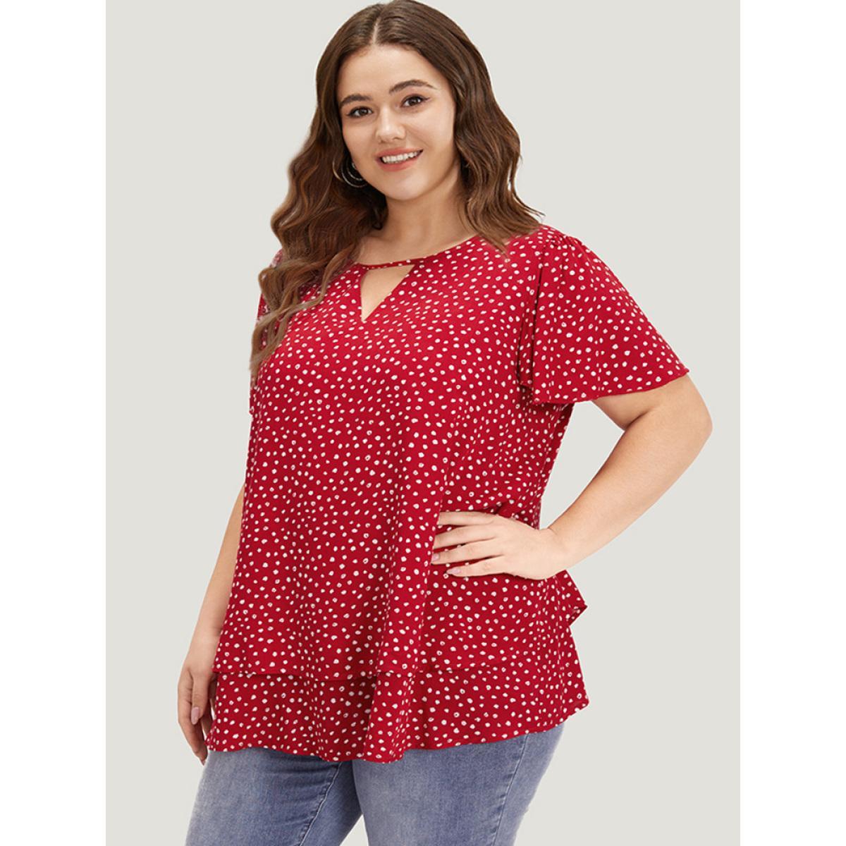 Plus Size Scarlet Polka Dot Keyhole Flutter Sleeve Layered Hem Blouse Women Elegant Short sleeve Keyhole Cut-Out Dailywear Blouses BloomChic 22-24/3X Product Image