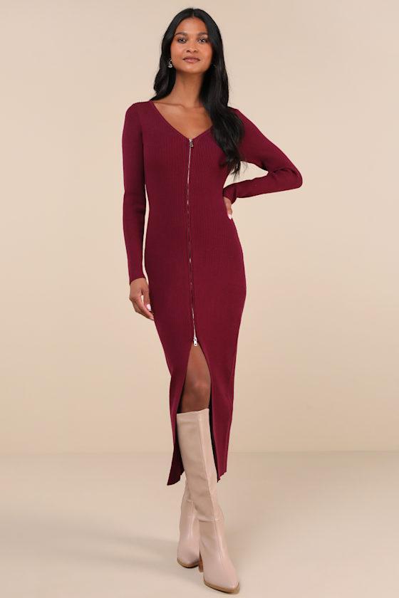Snuggly Sweetness Plum Ribbed Zip-Front Sweater Midi Dress Product Image